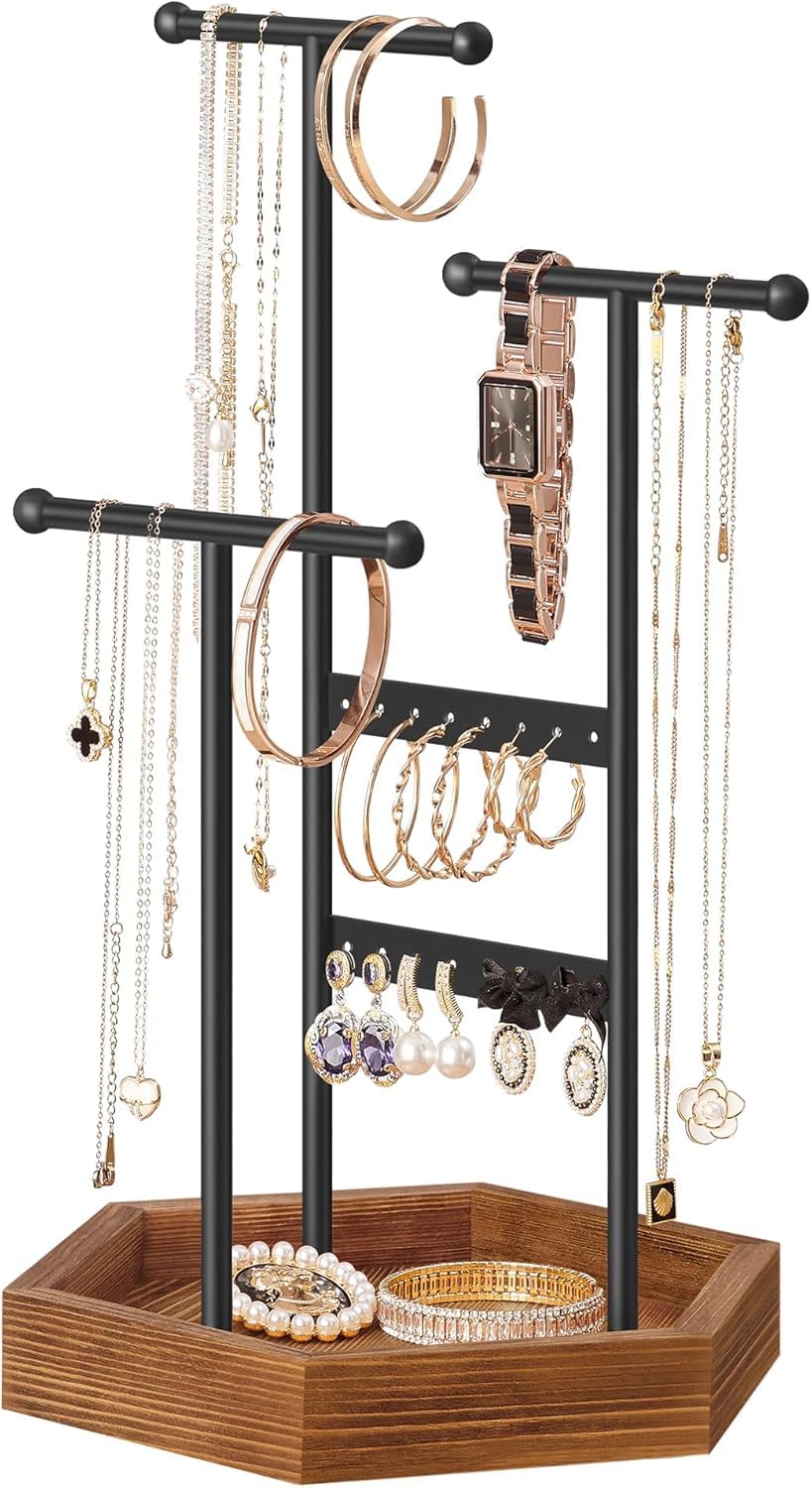 Mis Handicraft Jewelry Holder, Jewelry Organizer, 3 Tiers And 1 Tray, Jewelry Display Stand With Metal Frame, Necklace Earring B