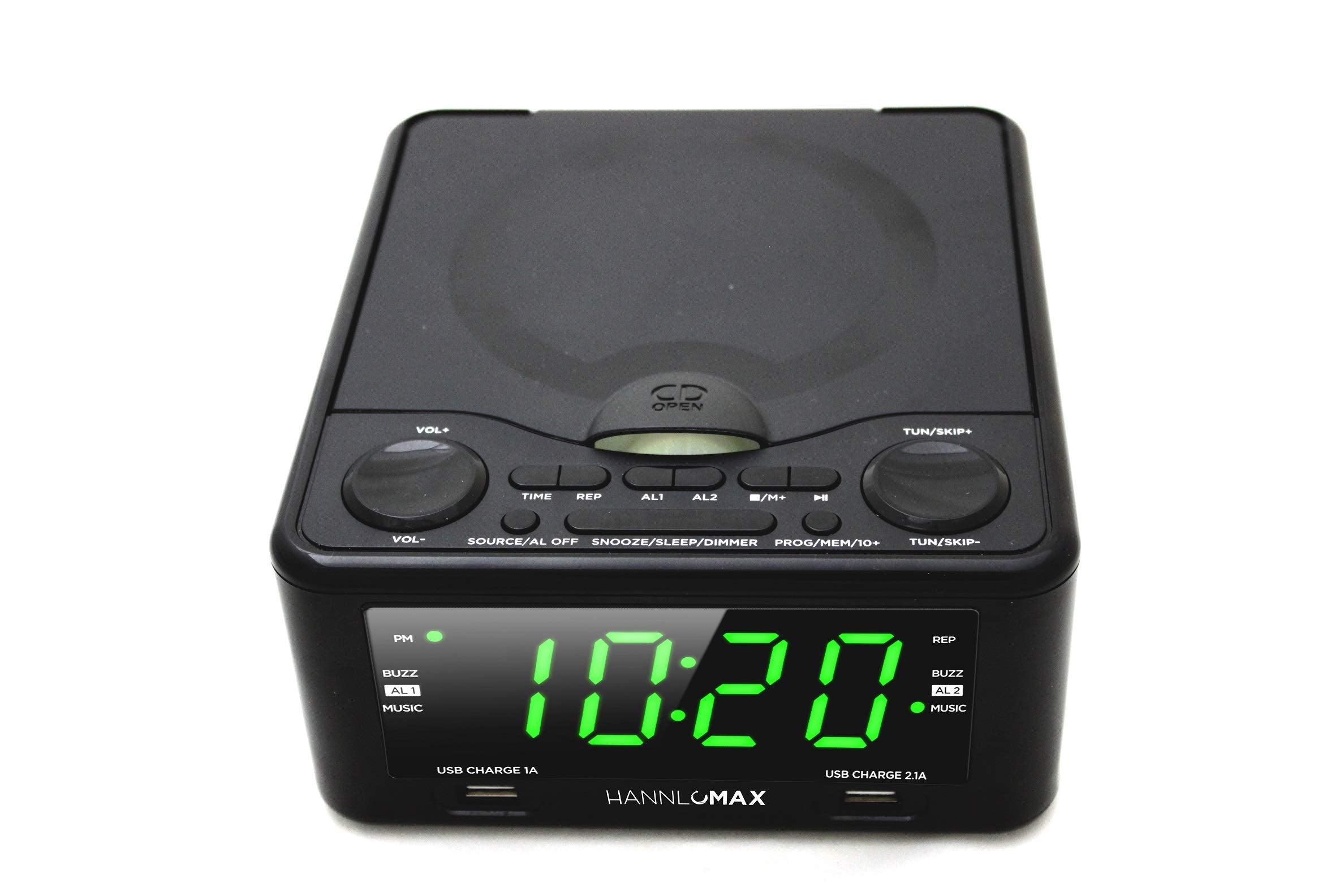 Hannlomax Hx 300Cd Top Loading Cd Player, Pll Fm Radio, Digital Clock, Dual Alarm, 1.2'' Green Led Display, Dual Usb Ports For 1