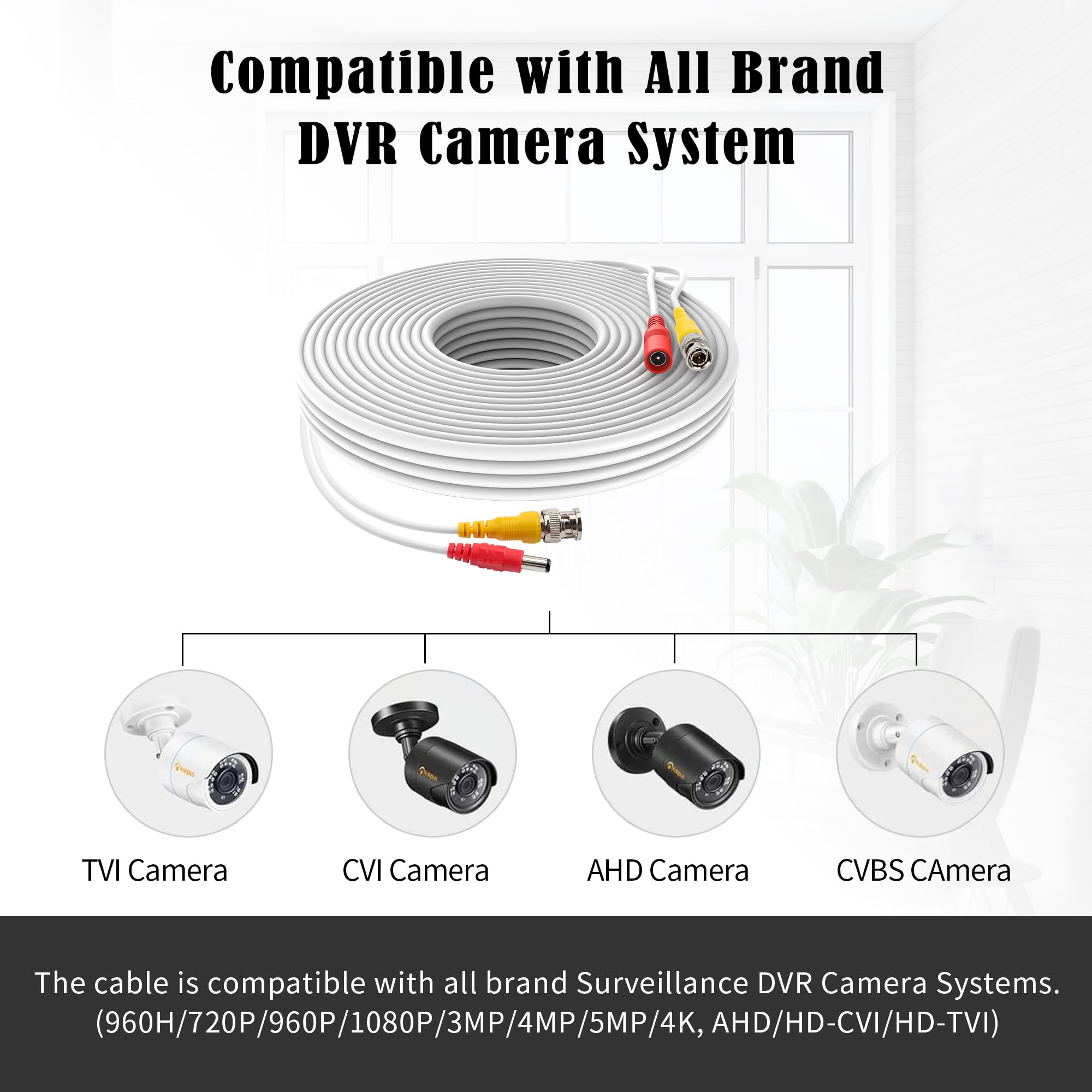 Omilik 1 Pack 25Ft White Bnc Video Power Cable Security Camera Cable Wire Cord For Cctv Dvr Surveillance System With Connectors