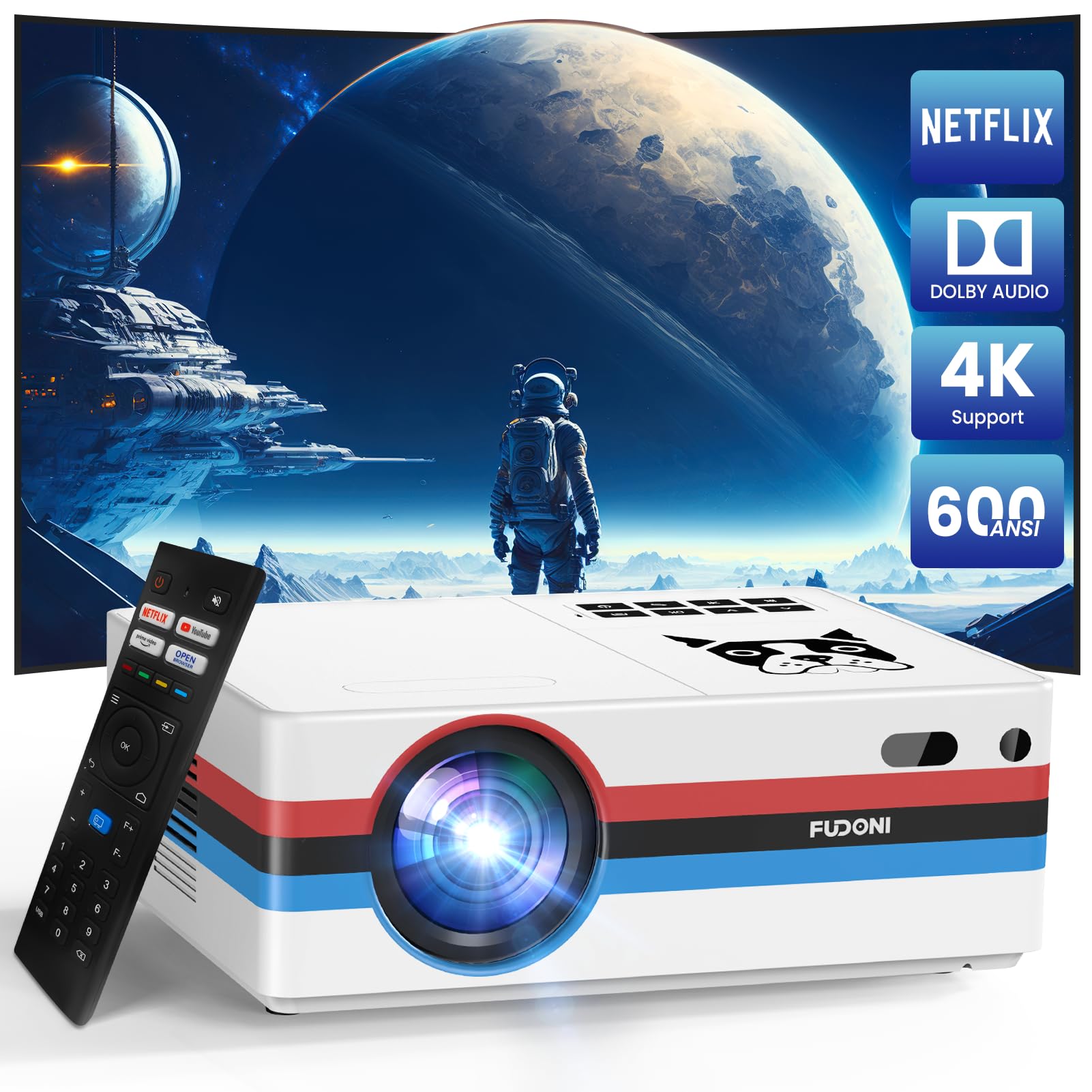 [Netflix Licensed & Dolby Audio] Projector With Wifi And Bluetooth 4K Supported, Fudoni Outdoor Smart Projector Native 1080P 600