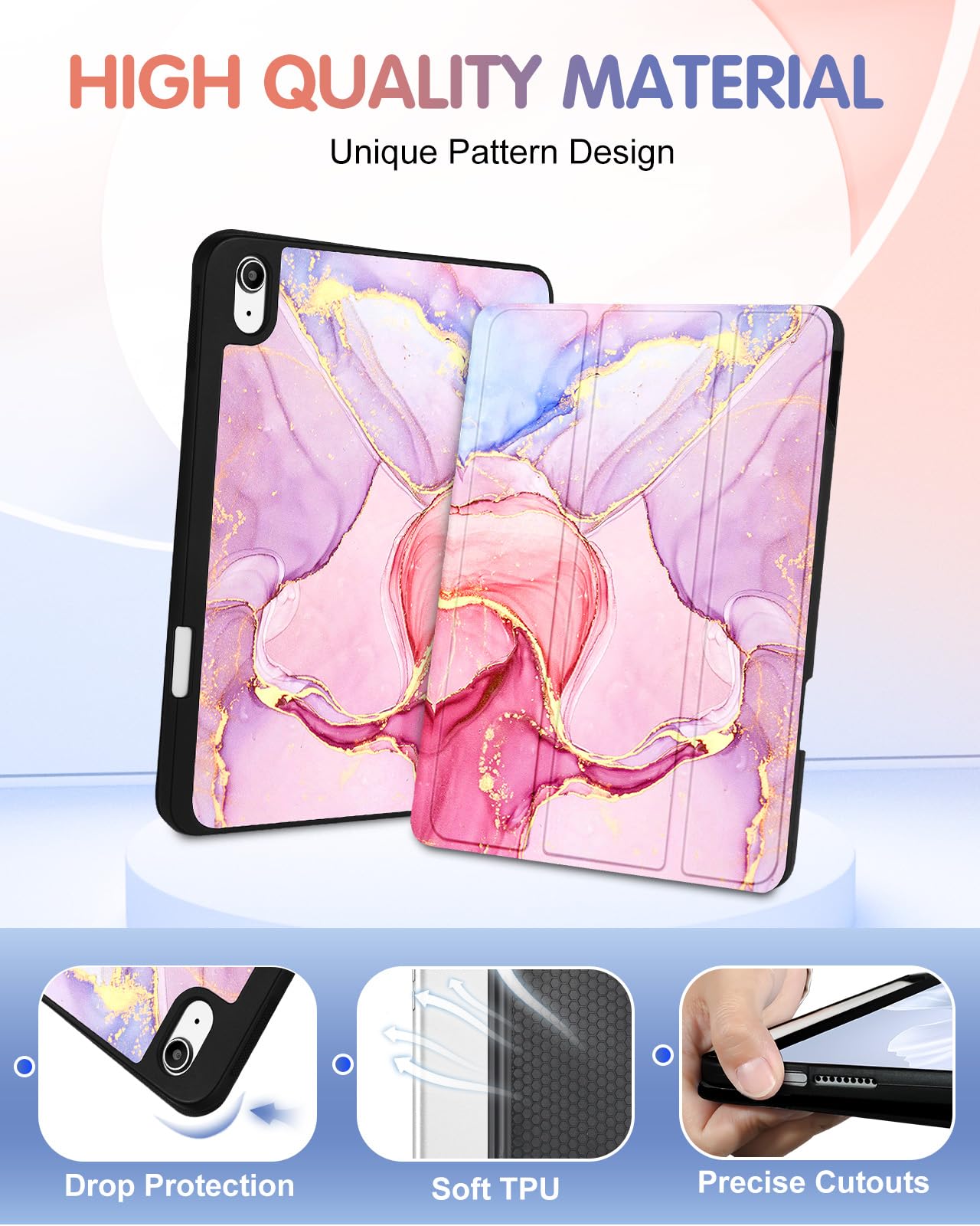 Wazzasoft For Apple Ipad 10Th Generation Case 10.9 Inch Cute Women Girls Folio Cover Girly Teens Marble Design Unique Pretty Pen