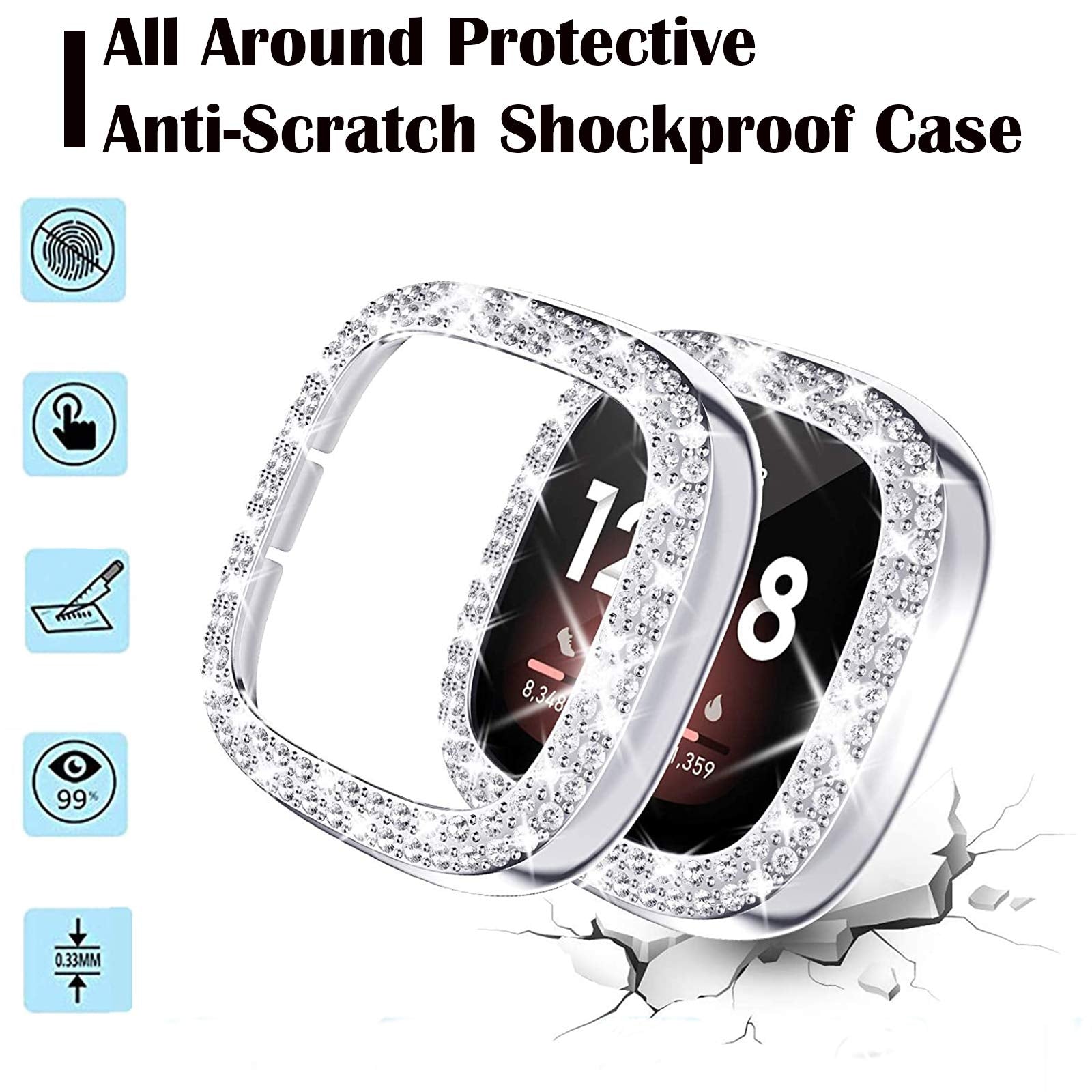 Singear [Double Diamonds] Bling Protector Case Compatible For Fitbit Versa 3/ Sense, Shiny Crystal Rhinestone Bumper Frame For W