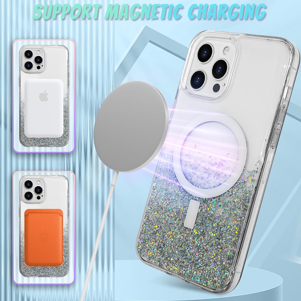 Bonoma For Iphone 12 Pro Max Case, Sparkly Glitter Bling Back, Magnetic Support For Magsafe Shockproof Case, Crystal And Clear H