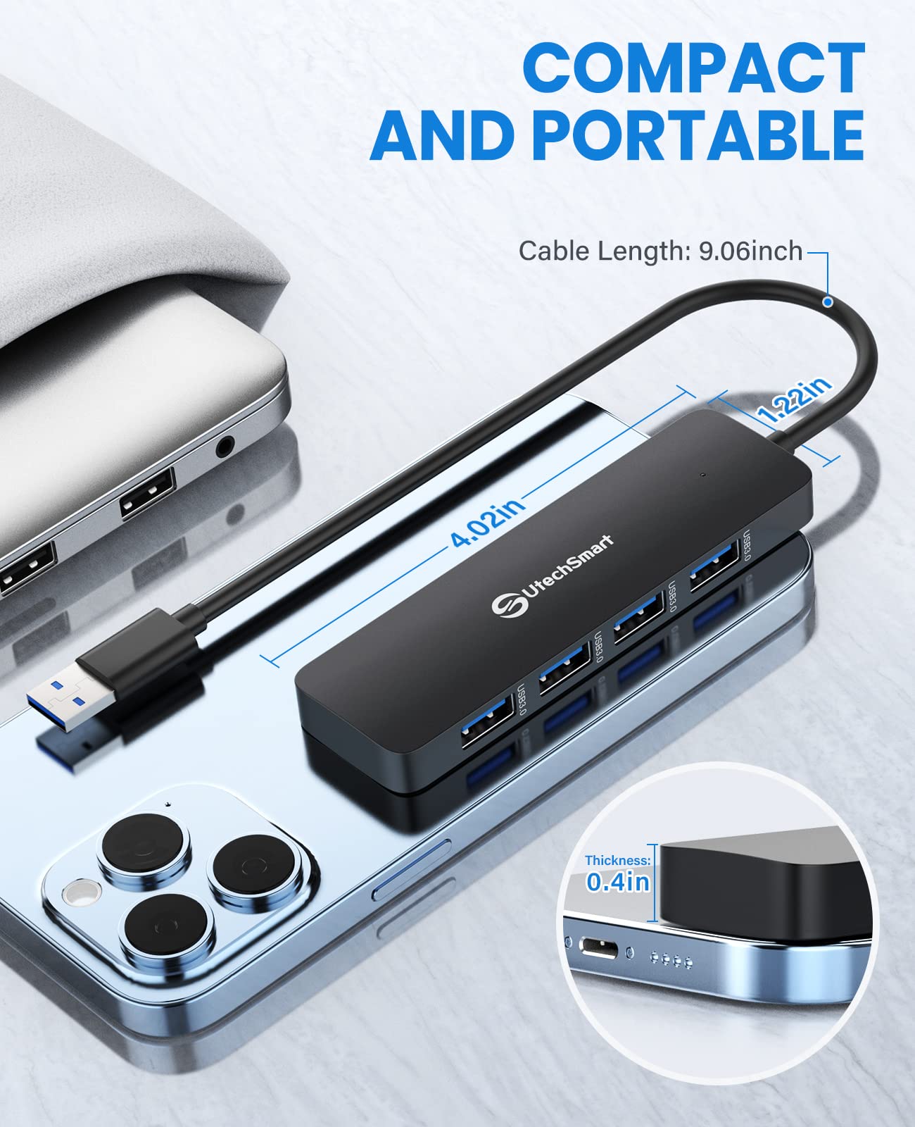 Utechsmart Usb Hub, 4 Port Usb 30 Hub, Ultra Slim Usb Adapter For Laptop, 5Gbps Fast Data Transfer, Usb 30 Splitter For Dell, Hp