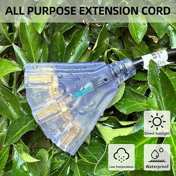 Yojoe 3 Outlets Indoor Outdoor Extension Cord With Lighted End, 3 Prong 15A Weatherproof Power Cord, 10 Gauge Heavy Duty 8 Ft Ye