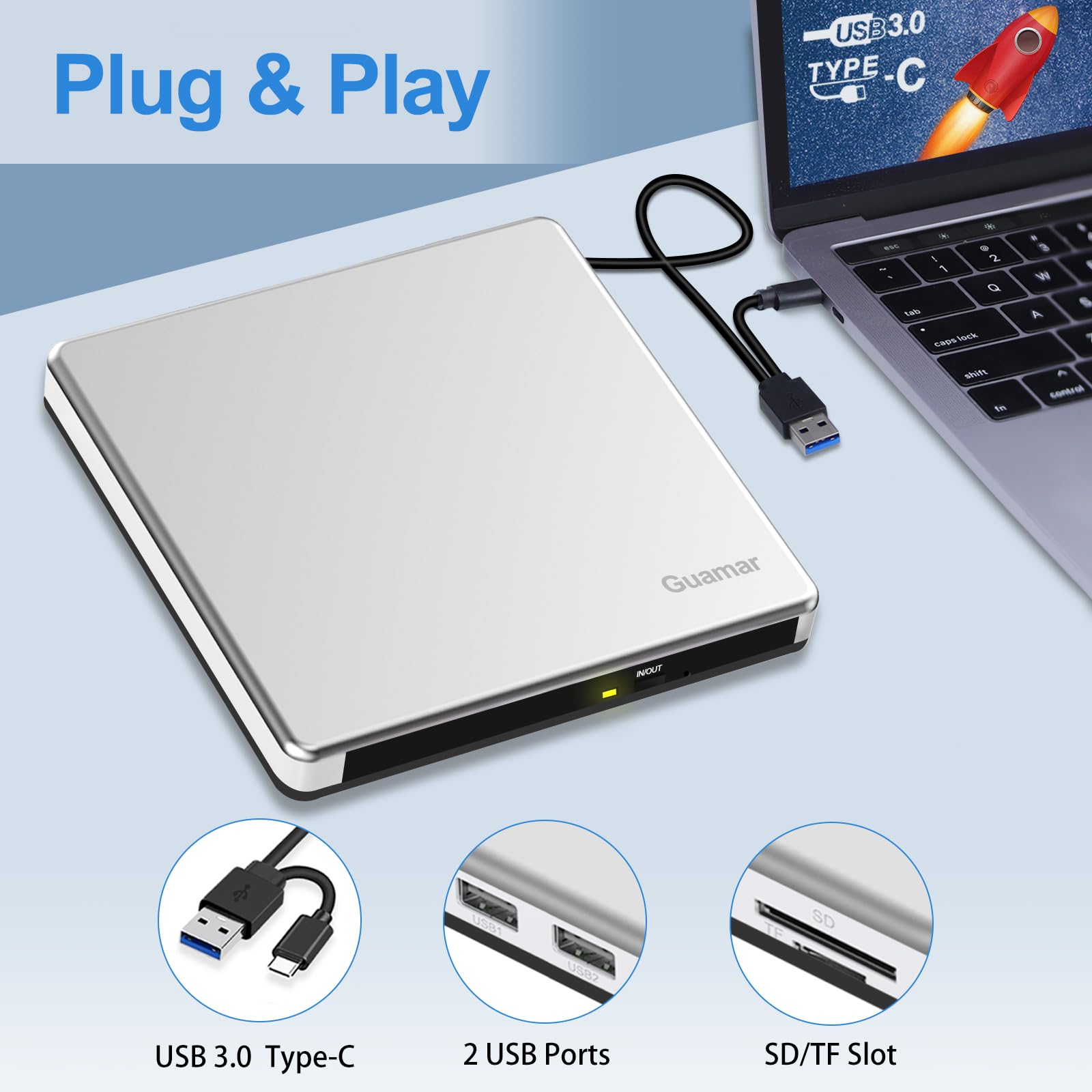 Guamar External Cd Dvd Drive, Usb 3.0 Usb C Cd/Dvd +/ Rw Burner Cd Rom Reader Writer With 2 Usb & Sd/Tf Slot, Portable Optical D