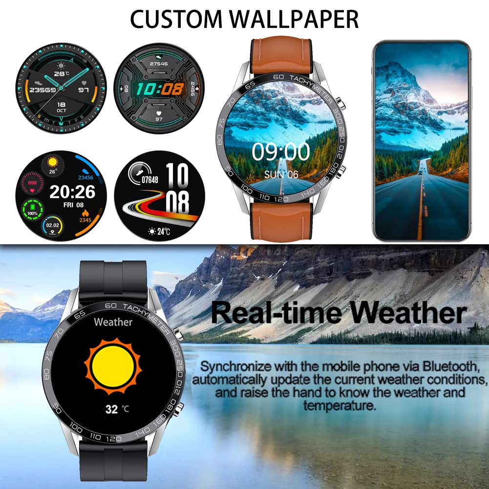 Filiekeu Leather Men Smart Watch For Android Ios, Bluetooth Calls Voice Chat With Heart Rate Fitness Tracker, 1.3 '' Full Touch