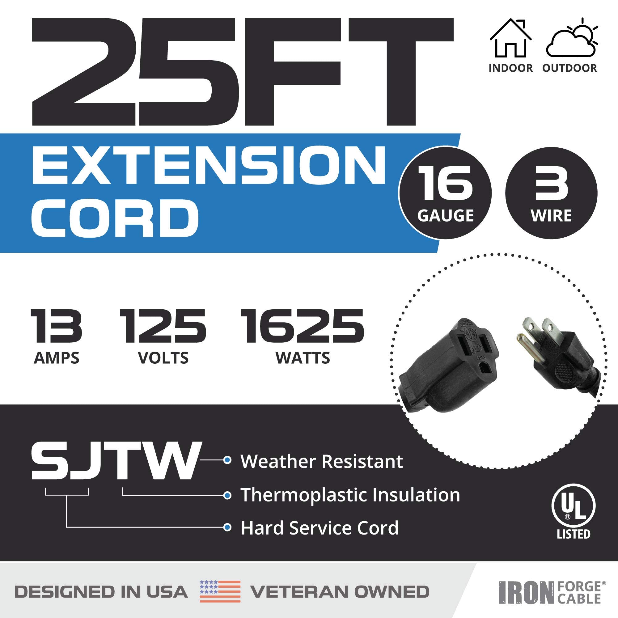 Iron Forge Cable Weatherproof Outdoor Extension Cord 25 Ft, 16/3 Sjtw Heavy Duty Black Extension Cord 3 Prong, 13 Amp Exterior P