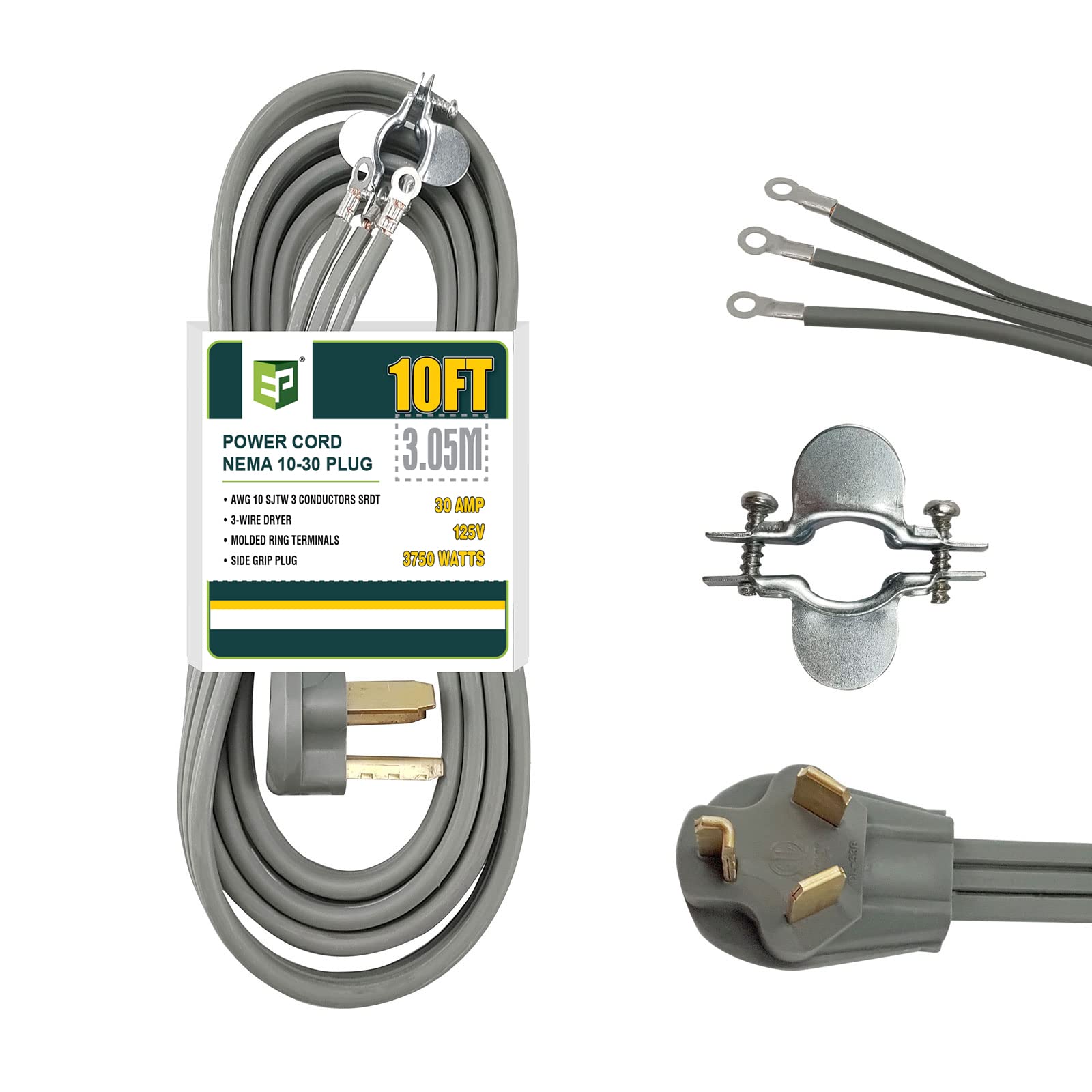 Ep 3 Prong Dryer Cord, 10 Ft 10/3 Srdt, 30 Amp Appliance Extension Power Cord, Nema 10 30, Gray