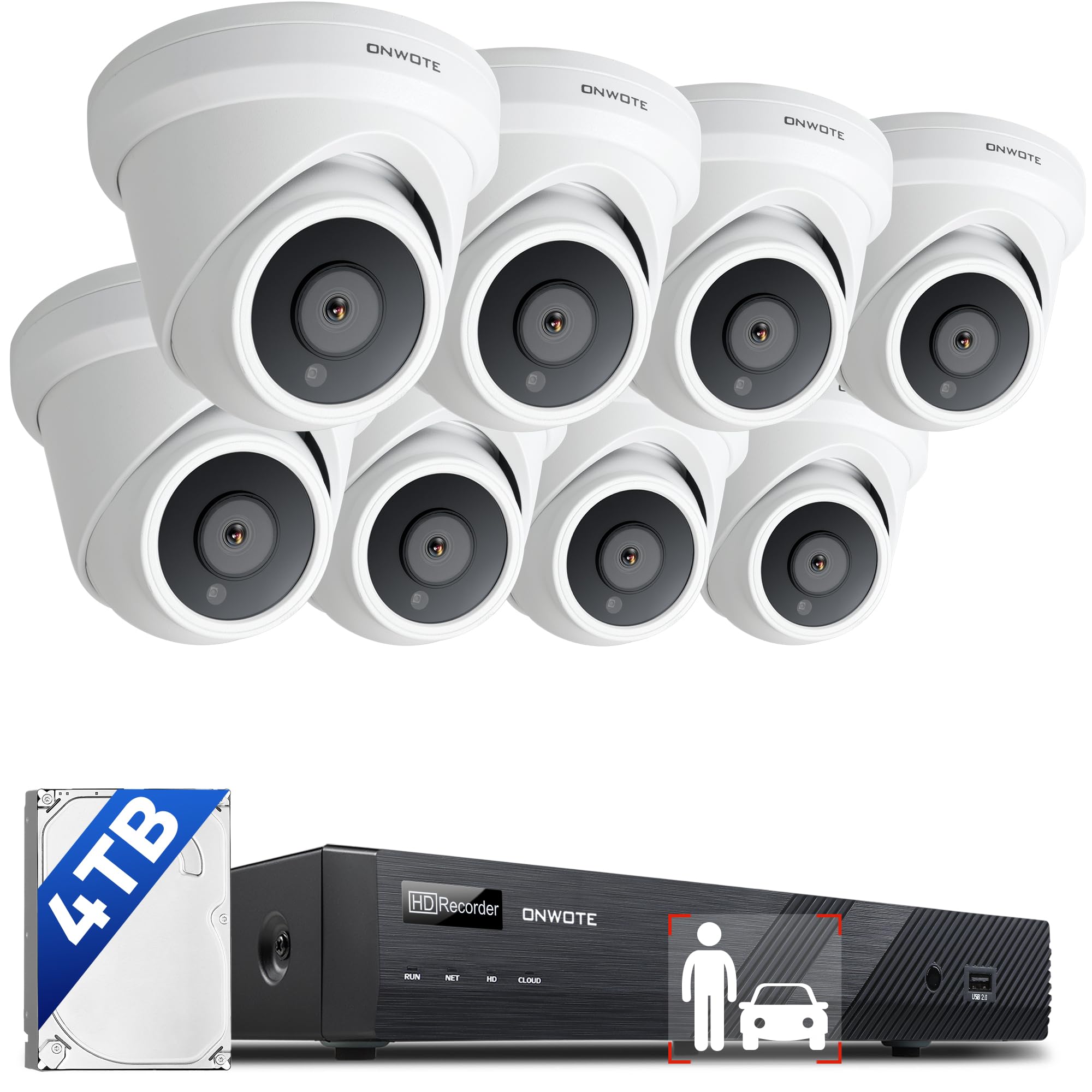 Onwote Nvr Poe Security Camera System 4K, 16 Channel 12Mp Commercial Nvr 4Tb, 8X 8Mp Wired Outdoor Ip Cameras, 134� Fov, Ai Detection, 24/7 Video Audio Recording, Cctv Surveillance For Home Business