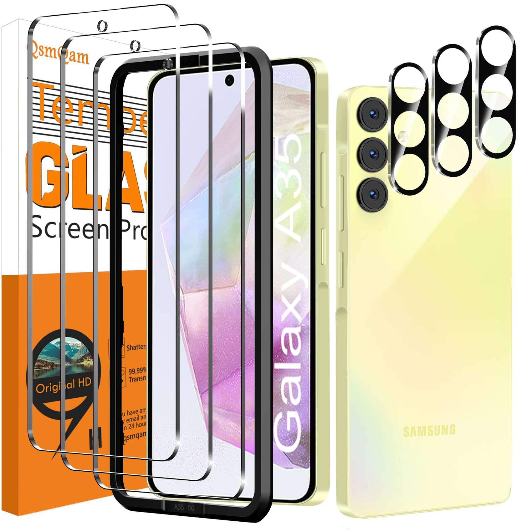 Qsmqam 3 Pack Screen Protector For Samsung Galaxy A35 + 3 Pack Camera Lens Protector, Ultra Hd Tempered Glass, 9H Hardness, Anti