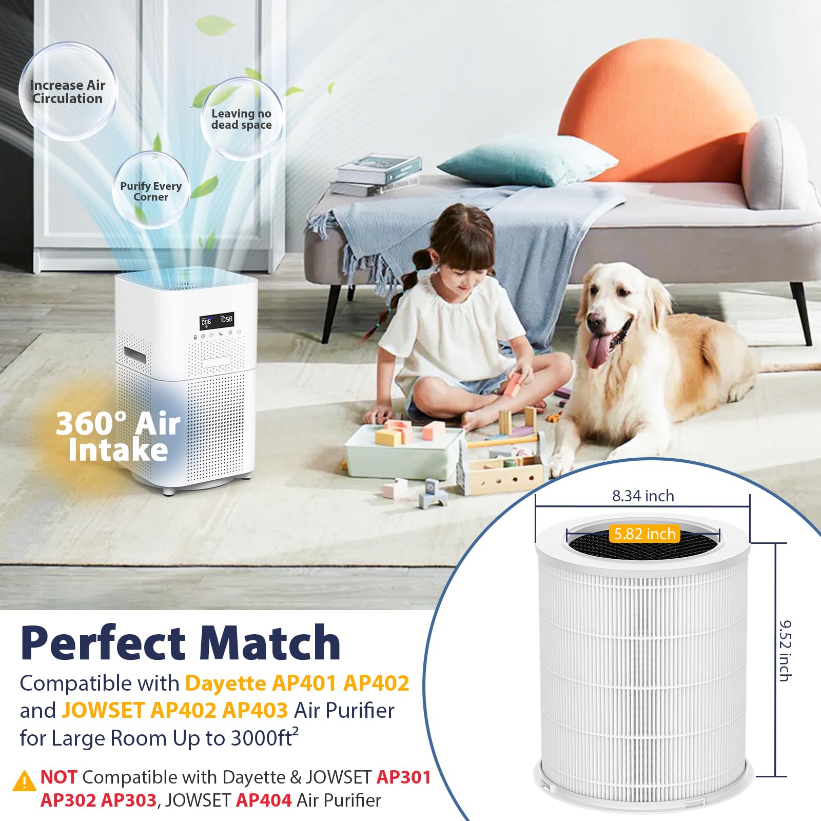 Ap401 Ap402 Filter Replacement, Compatible With Dayette Ap401 Ap402 And Jowset Ap402 Ap403 Air Purifier For Large Room Up To 300