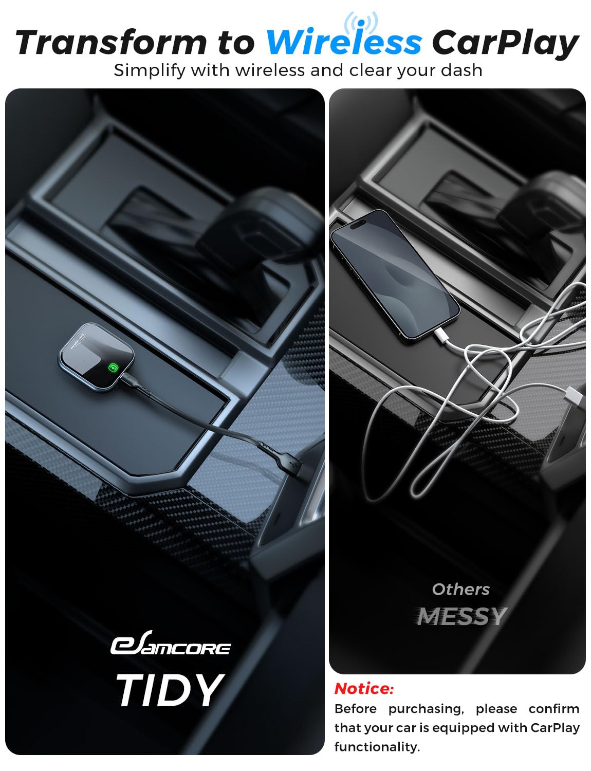 Esamcore Wireless Carplay Adapter For Apple Iphone, [Plug & Play] Wired To Wireless Smart Carplay Dongle Auto Connect Car Play Accessories Fit Usb A & Usb C