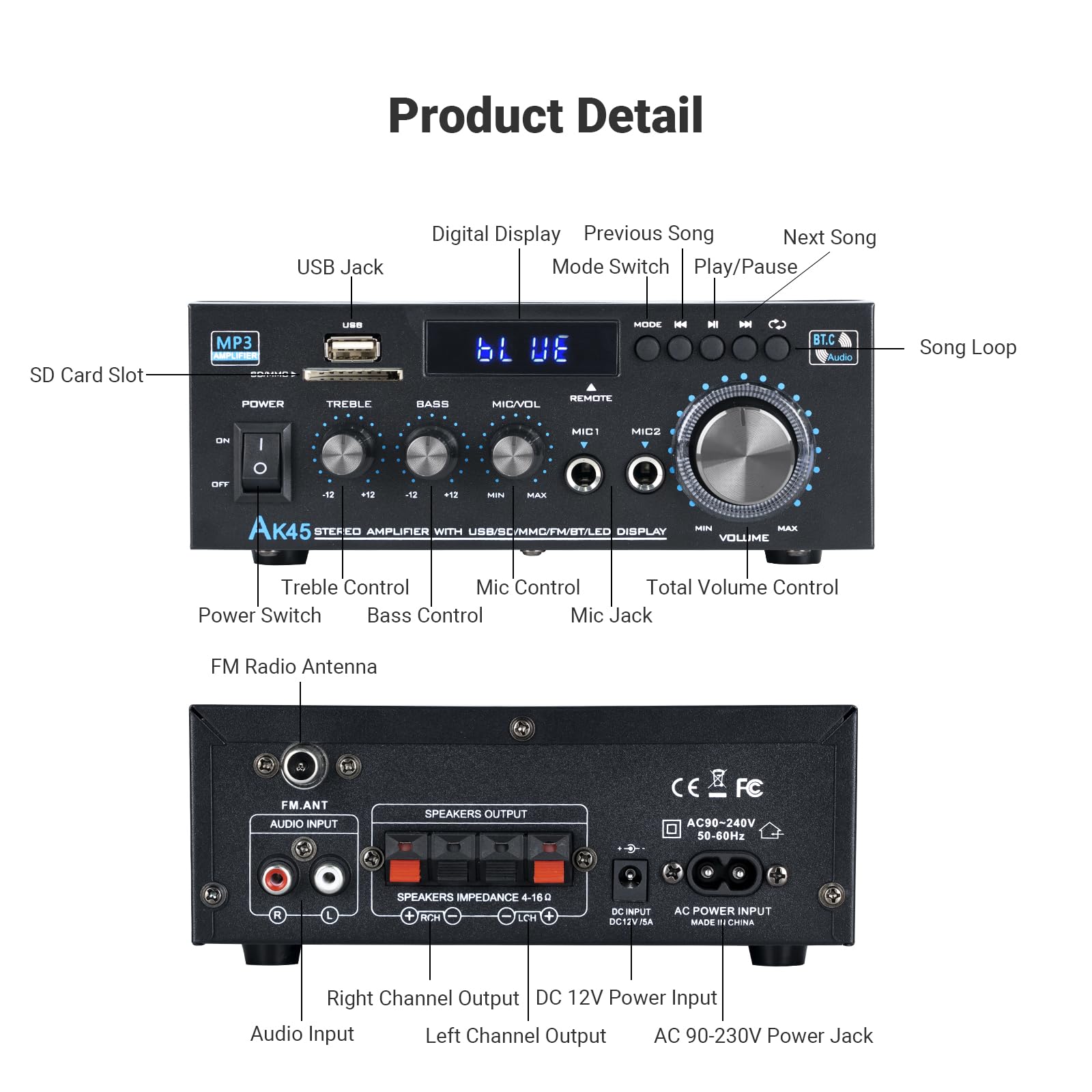 Stereo Receiver & Amplifier Home Audio Amp, Ak45 Bluetooth Amplifier For Passive Speakers, 300Wx2, Bluetooth 5.0, 2 Channel, W/F
