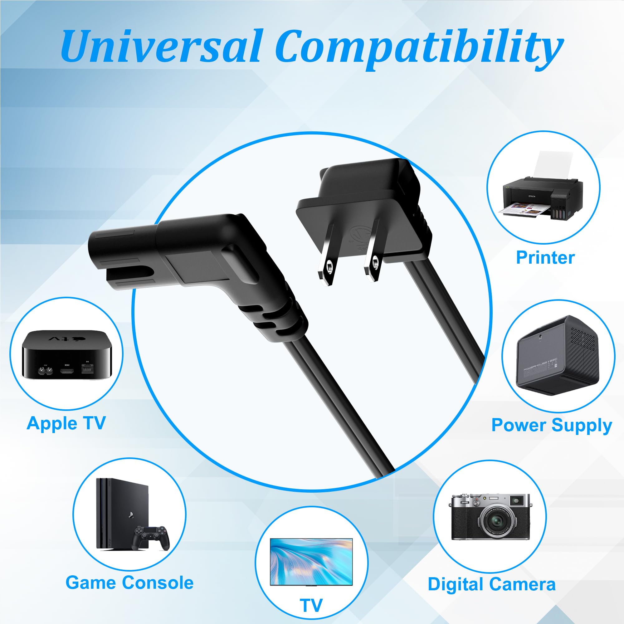 2 Slot Non Polarized Right Angle Power Cord 15 Ft, Nema 1 15P To Iec C7 90 Degree Ac Power Cable, Universal (Figure 8) Power Sup