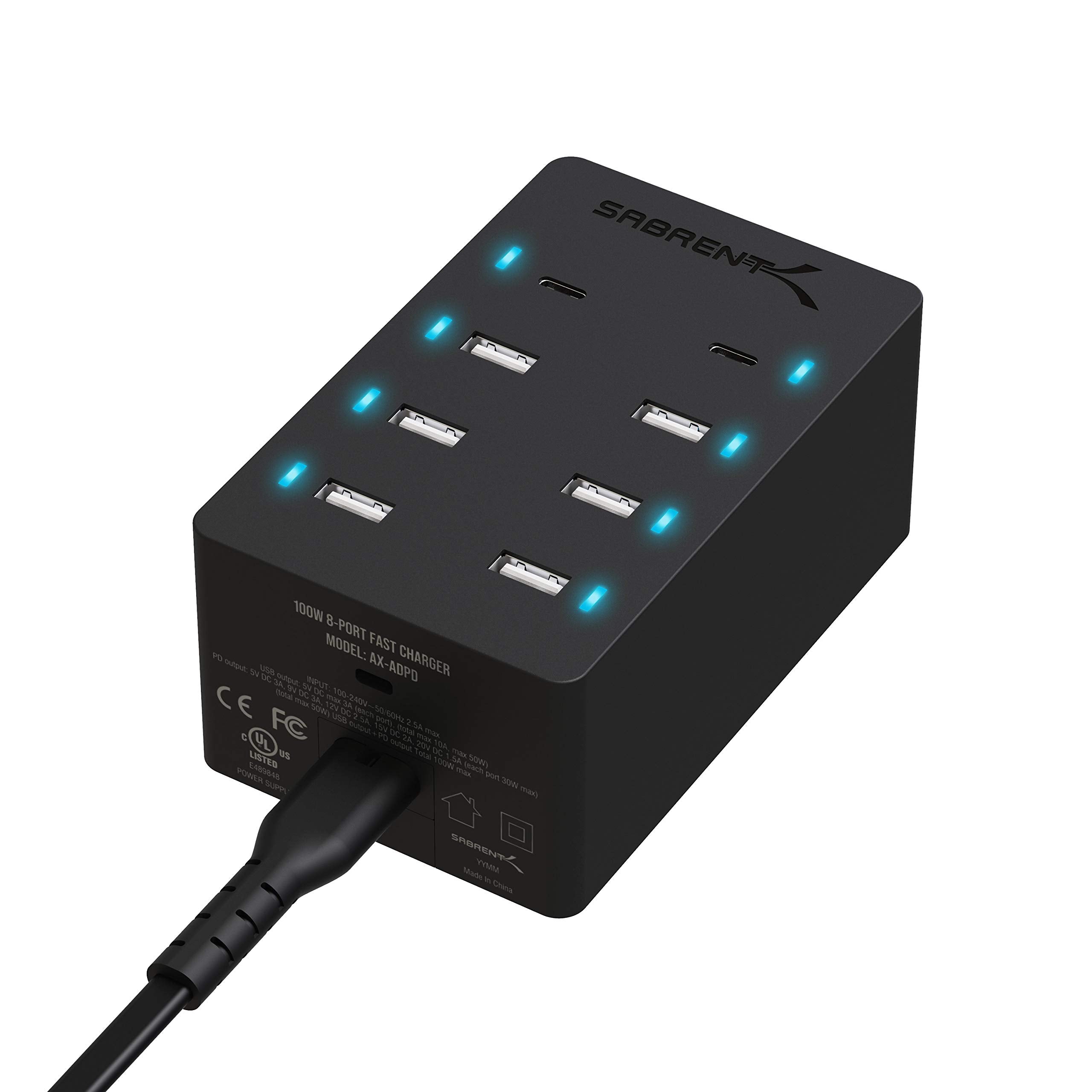 Sabrent 100 Watt 8 Port Family Sized Usb Rapid Charger [Ul Certified ] Includes 2 Pd (Power Delivery) Ports (Ax Adpd)