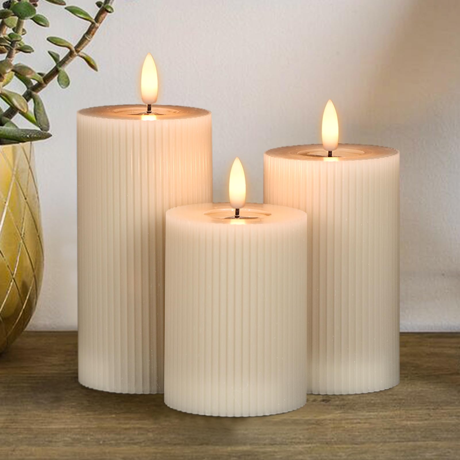 Lasumora Real Wax Flameless Candles With 6Hrs Timer, Battery Led Pillar Candles Flickering 3D Wick Pack Of 3 Striped Candles, Pa