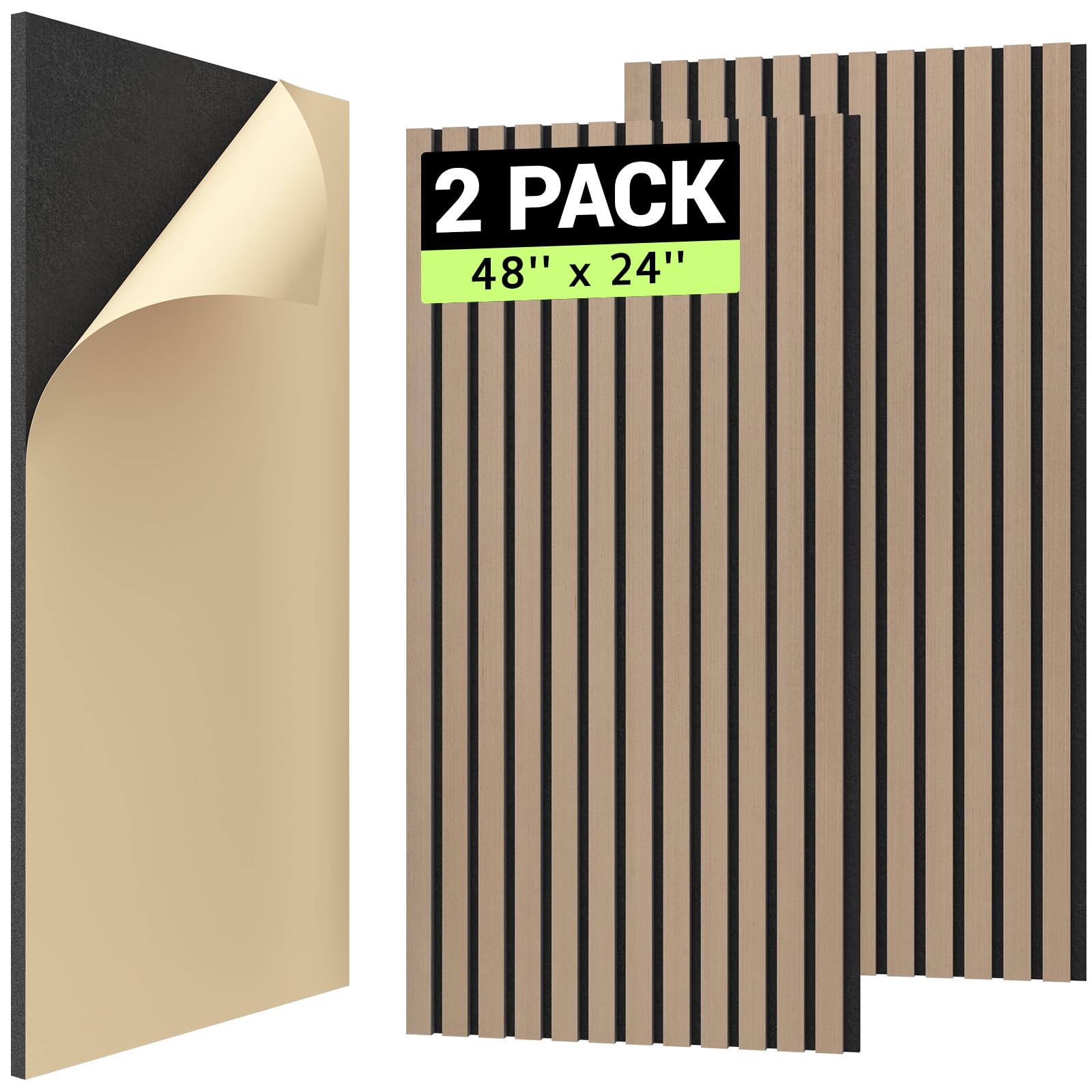 Tonor 2Pcs Wood Slat Panels, 48    X 24   Adhesive Acoustic Panels For Wall, Decorative 3D Fluted Panels For Sound Absorbing, So