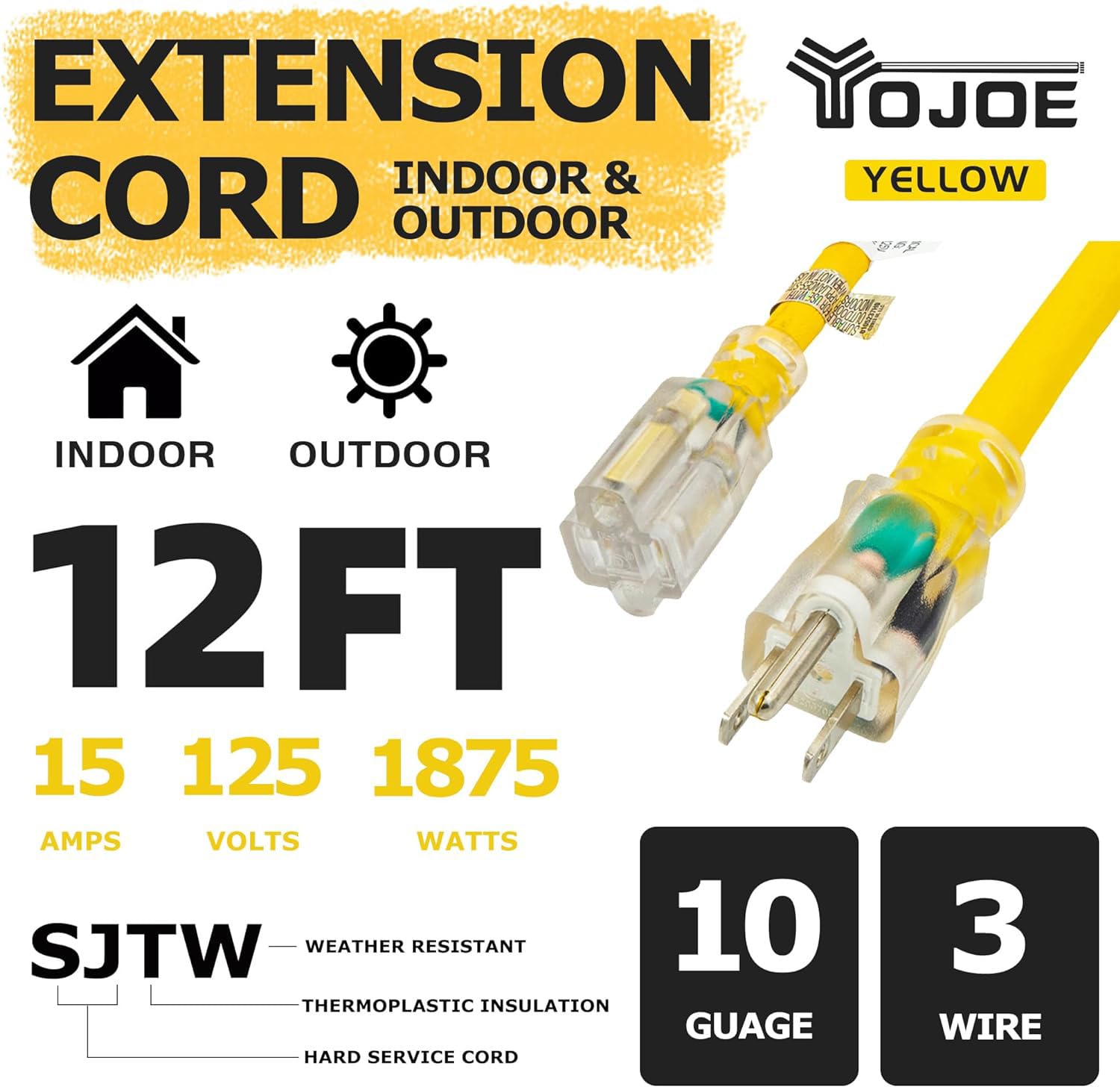 Yojoe Indoor Outdoor Extension Cord With Lighted End, 3 Prong 15A Weatherproof Power Extension Cord, 10 Gauge Heavy Duty 12 Ft Y