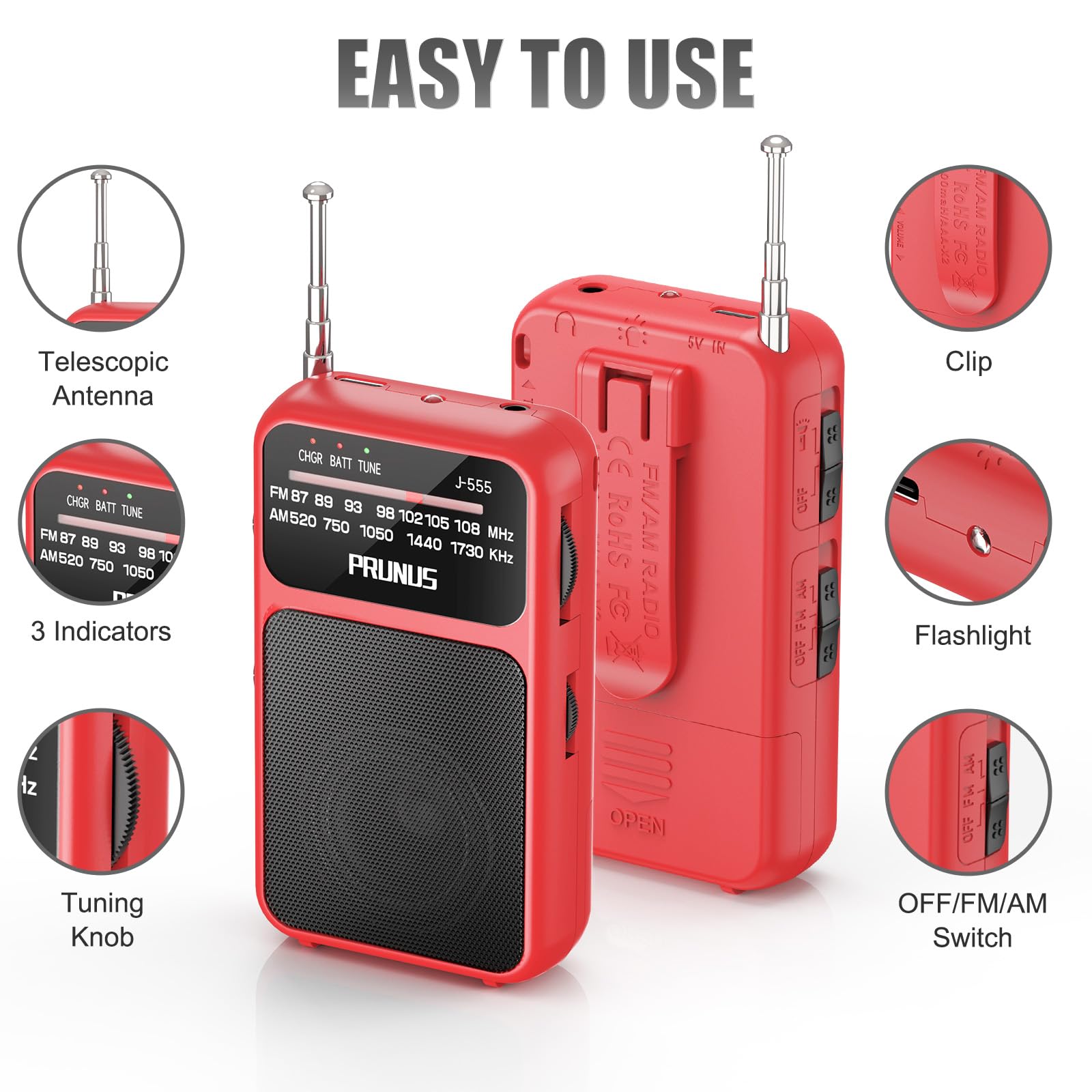 Prunus J 555 Pocket Radio Am Fm Usb C Charging& Battery Operated, Excellent Reception& Clear Speaker And Headphone Jack, Back Cl