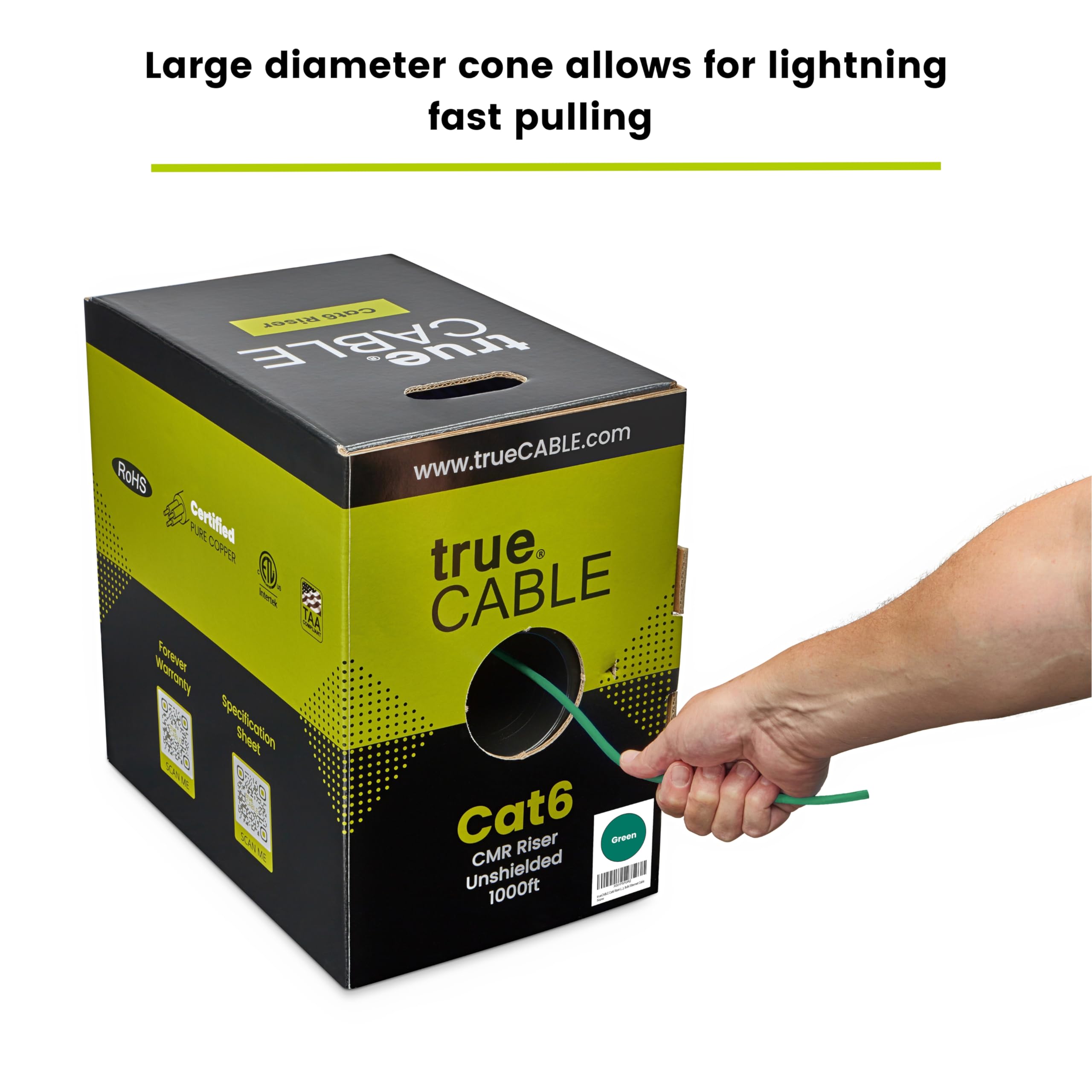 Truecable Cat6 Riser (Cmr), 1000Ft, Green, 23Awg 4 Pair Solid Bare Copper, 550Mhz, Poe++ (4Ppoe), Etl Listed, Unshielded Twisted Pair (Utp), Bulk Ethernet Cable