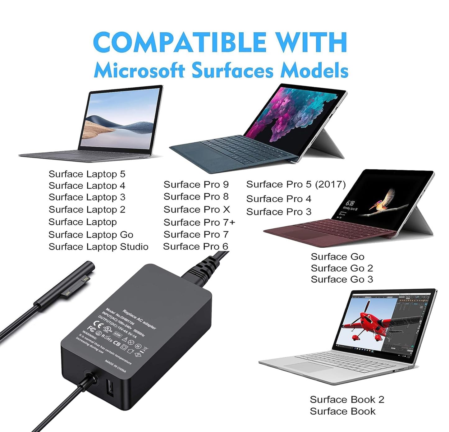 Surface Laptop Charger Surface Pro Charger Power Supply 65W 15V 4A Magnetic Replacement Ac Adapter Compatible With Microsoft Sur