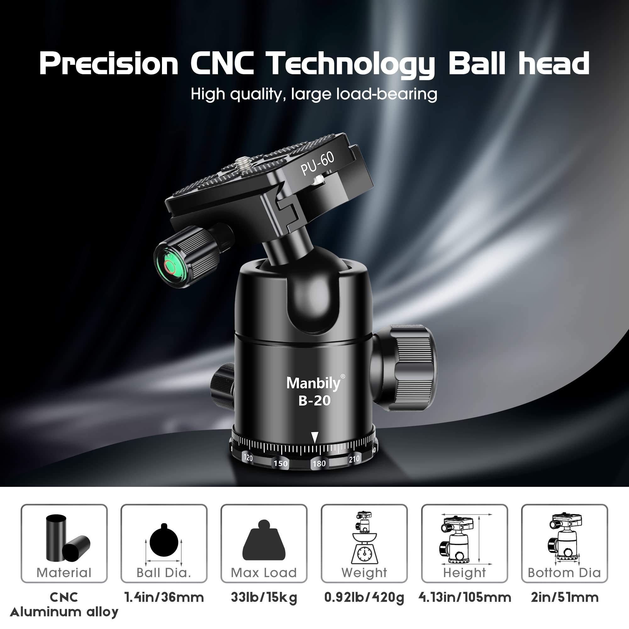 Manbily Ball Head For Shooting Stick Tripod, Cnc Metal Aluminum Clamp Rest Head For Hunting, 360� Panoramic Ball Head For Dslr Camera, Load Up To 33Lbs/15Kg