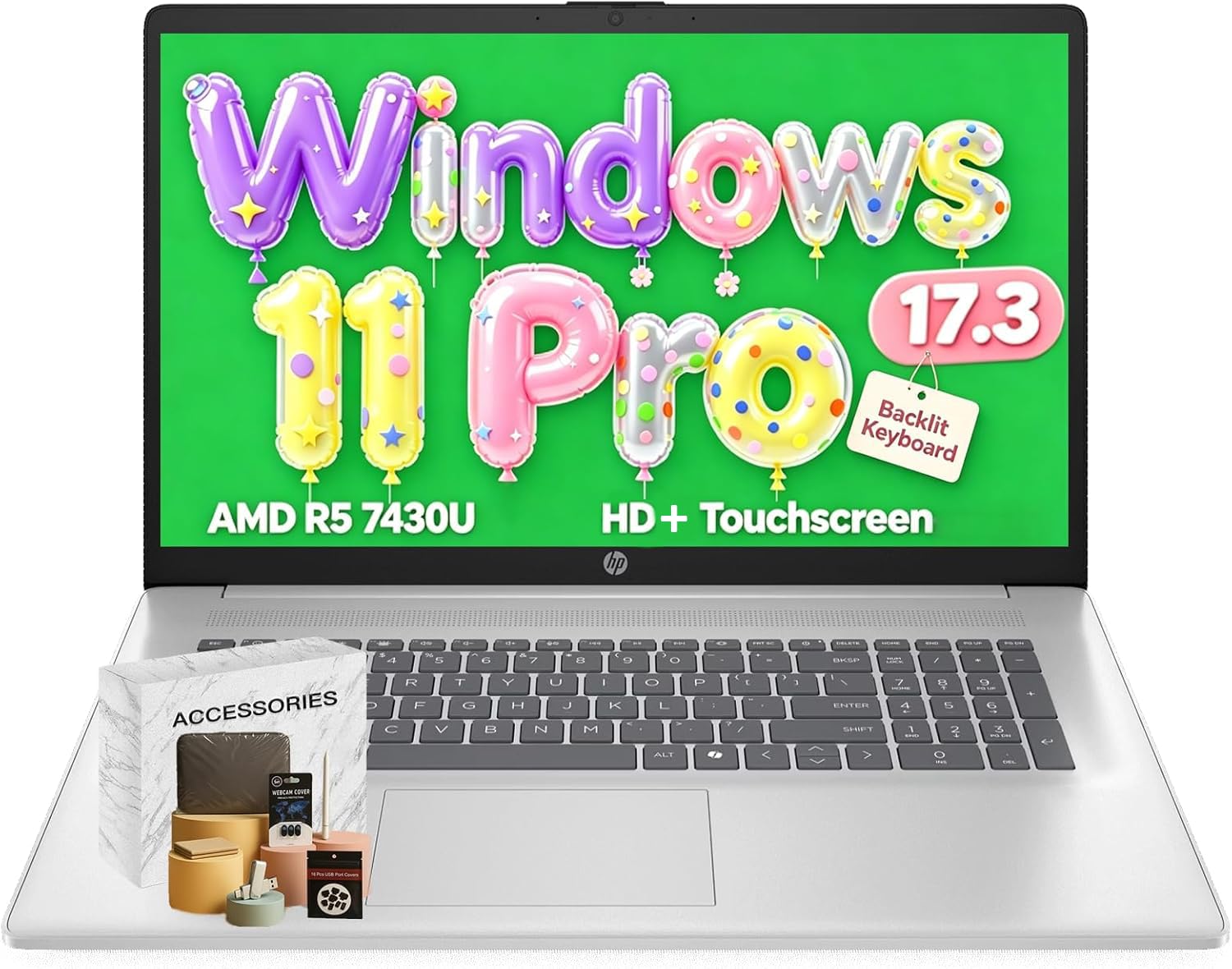 HP 17.3 Touchscreen Business Laptop, AMD Ryzen 5 7430U, 20GB RAM, 512GB SSD, HD+ Anti-Glare, Wi-Fi 6, HDMI, Win 11 Pro, Office 3