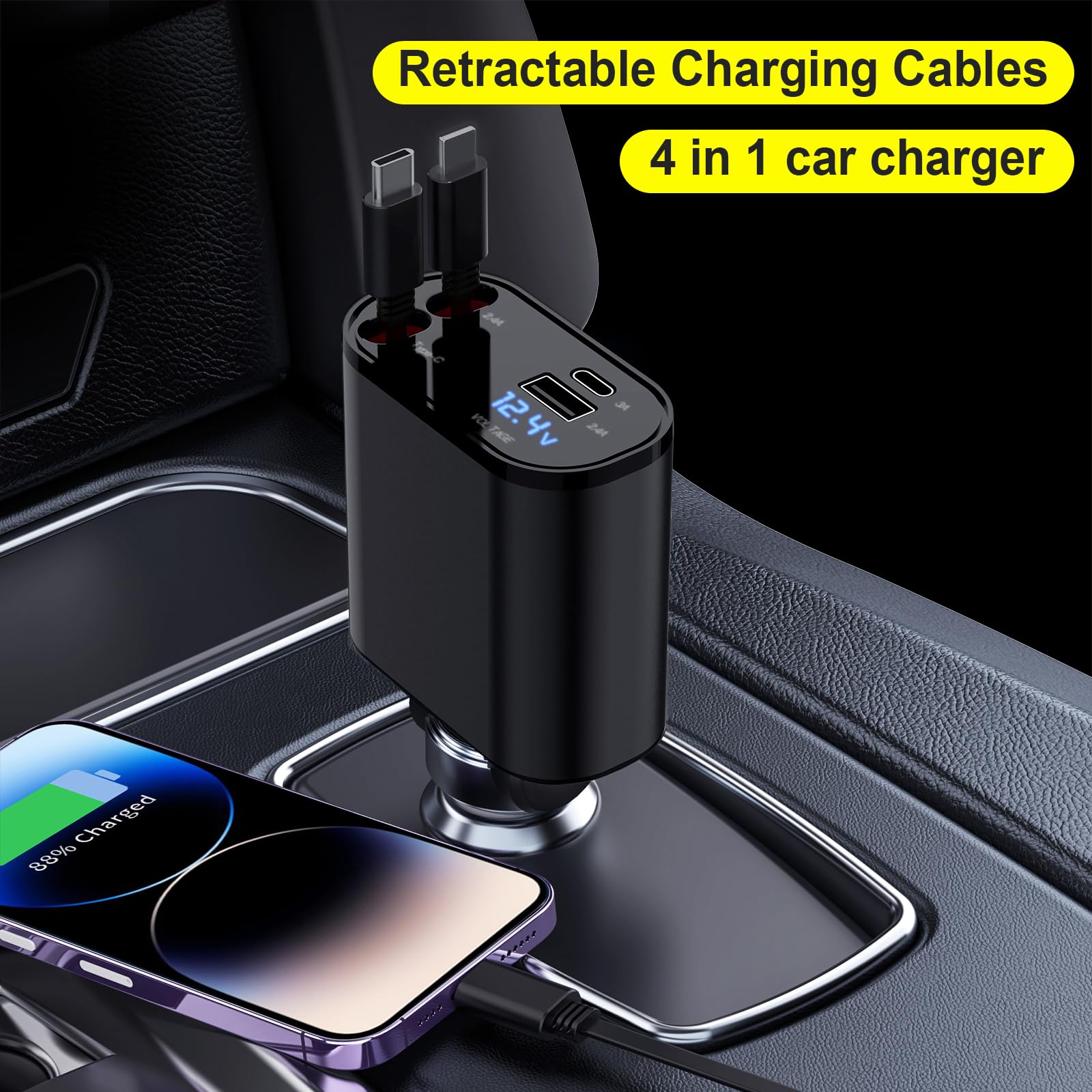 Cocivivre Retractable Car Charger Compatible With Galaxy Pixel, 4 In 1 Fast Charging Car Charger 60W, Retractable Cable And 2 Us