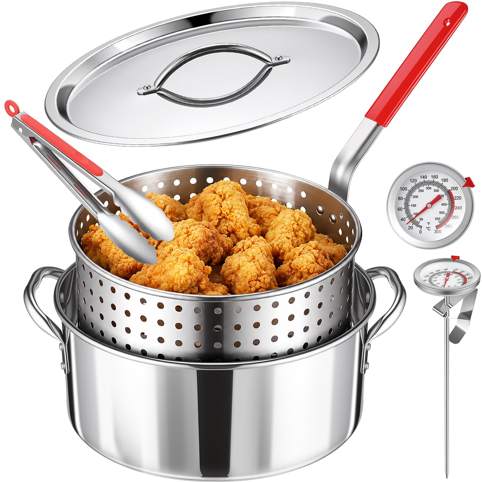 10 QT Stainless Steel Deep Fryer Pot with Basket Lid Tongs Thermometer