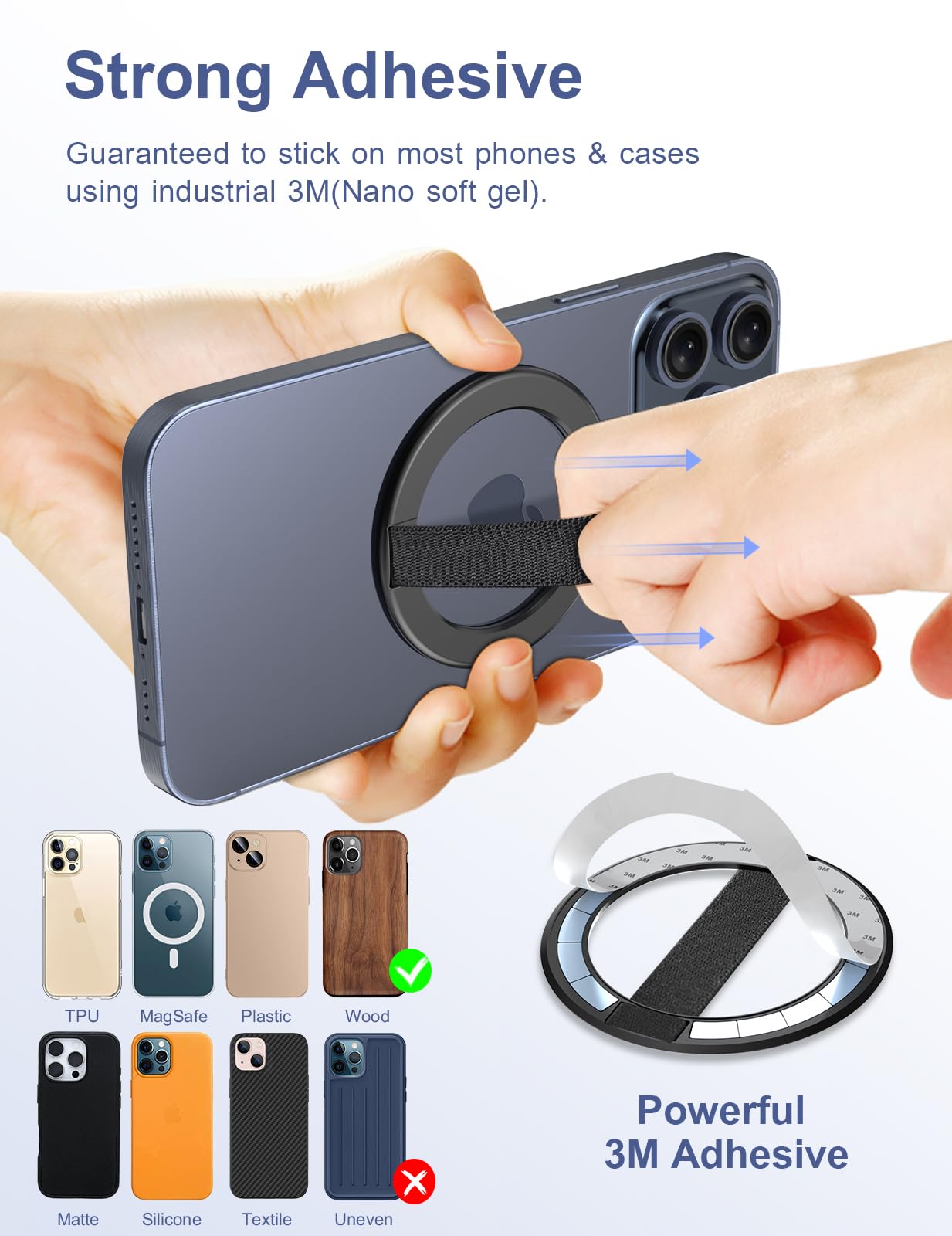 Kahite Airloop Ultra Thin Phone Grip With Soft Elastic Finger Strap, Strong Adhesive With Back-Side Magnetic Ring Holder Loop, U