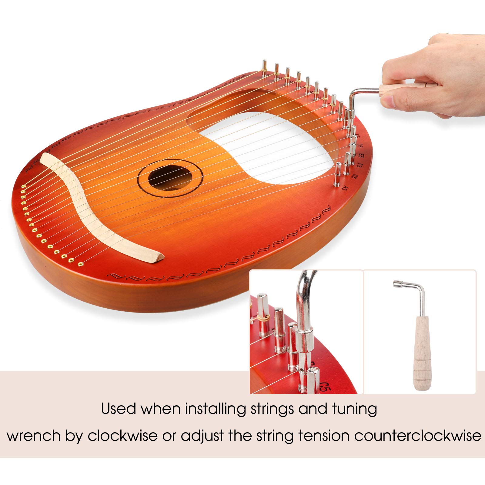 Mr.Power Lyre Harp Ancient Greece Style 16 Metal Strings Lyre With Tuning Wrench Extra String Set And Gig Bag (16 String, Sunburst)