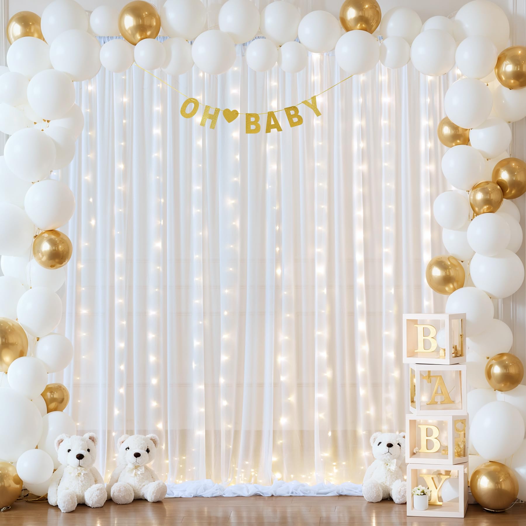 10x10ft White Tulle Backdrop Curtain with Lights String for Wedding, Wrinkle Free Sheer Curtain with Lights for Baby Shower, Tul