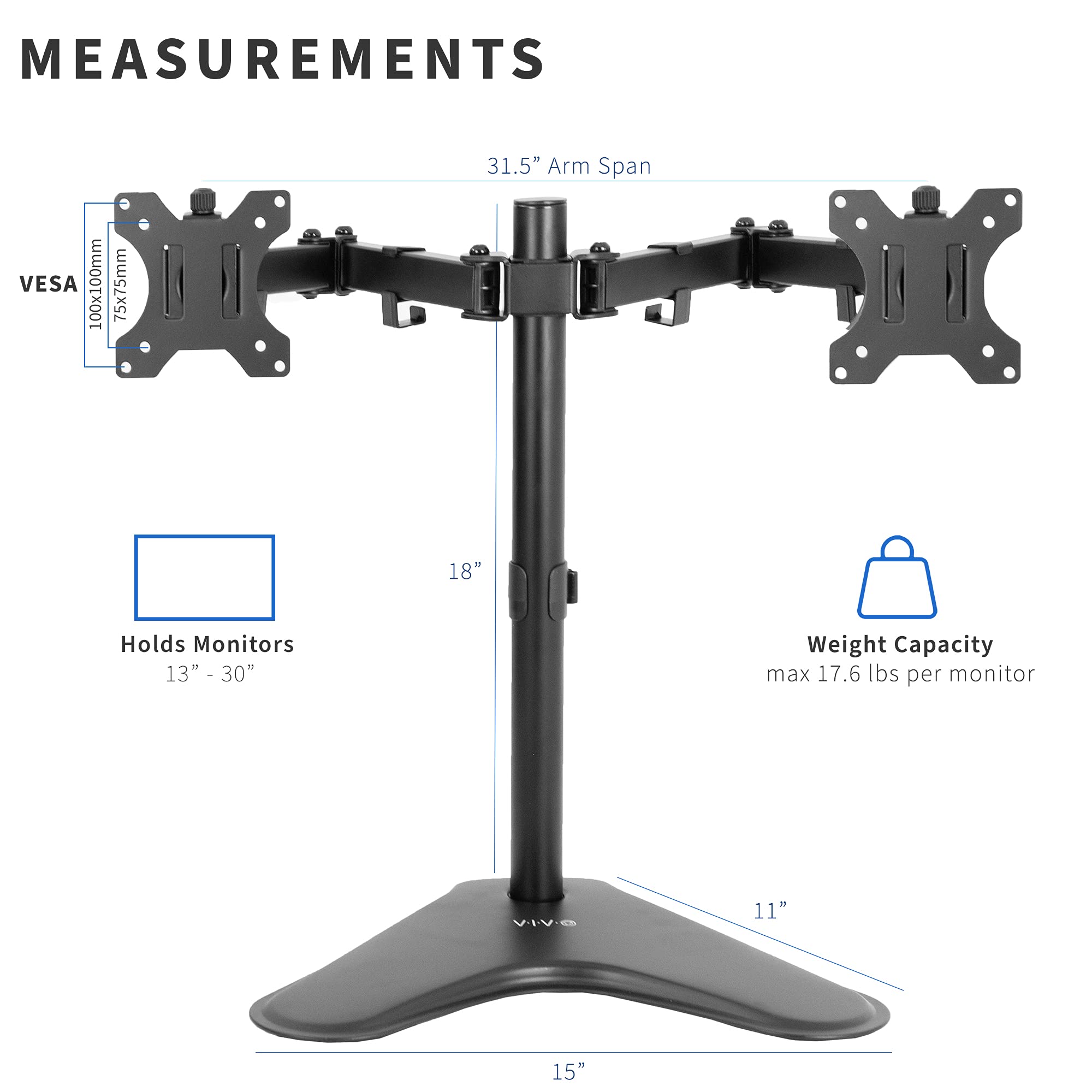 VIVO Dual 13 to 30 inch Monitor Free Standing Mount, Fully Adjustable Desk Stand, Holds 2 Flat or Curved Display Screens, STAND V102F