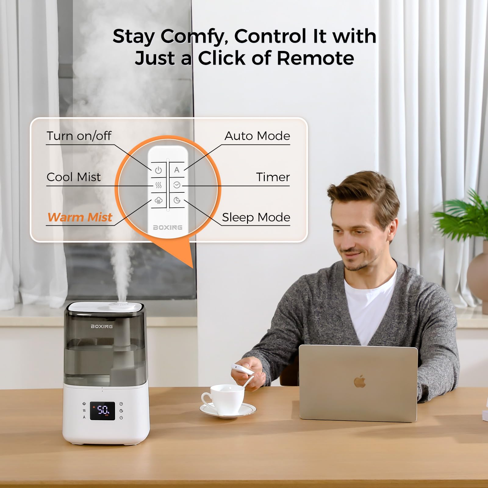 Boxing Warm And Cool Mist Humidifiers For Bedroom Large Room Home, Air Humidifier With Remote, Top Fill Ultrasonic Diffuser Humi