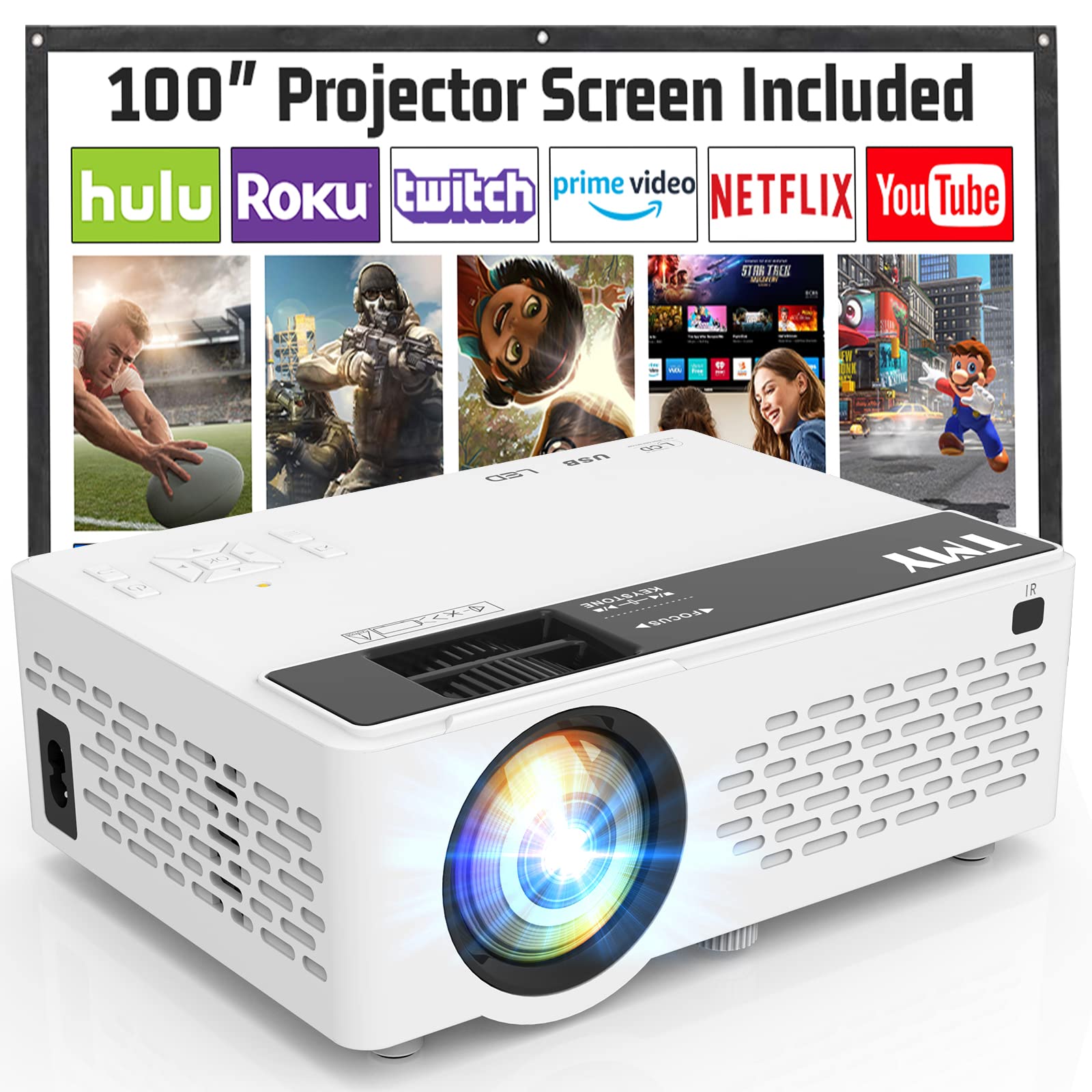 Tmy Mini Projector, Upgraded 9500 Lumens Bluetooth Projector With 100'' Screen, 1080P Full Hd Portable Projector, Movie Projecto