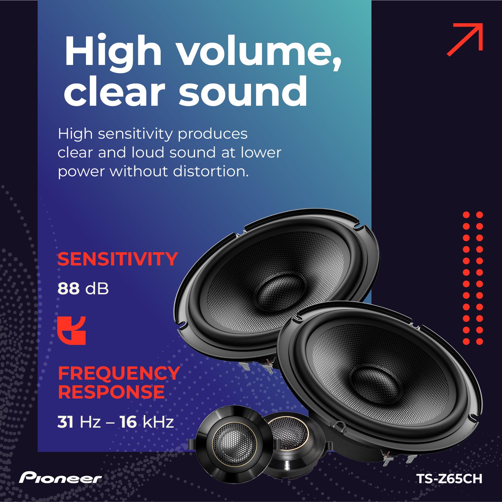 Pioneer Ts-Z65Ch, 2-Way Component Car Audio Speakers, Full Range, Open & Smooth Sound Quality, Easy Installation And Enhanced Ba