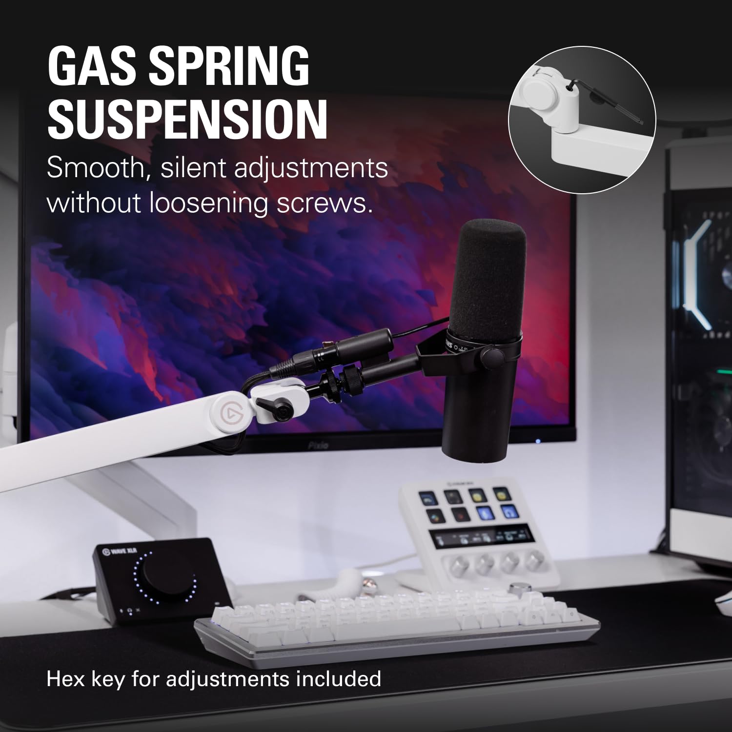 Elgato Wave Mic Arm Pro White - 360 Rotatable Low Profile Gas Spring Microphone Arm, Works Mics/Shure Sm7B/Hyperx Quadcast/Rode/