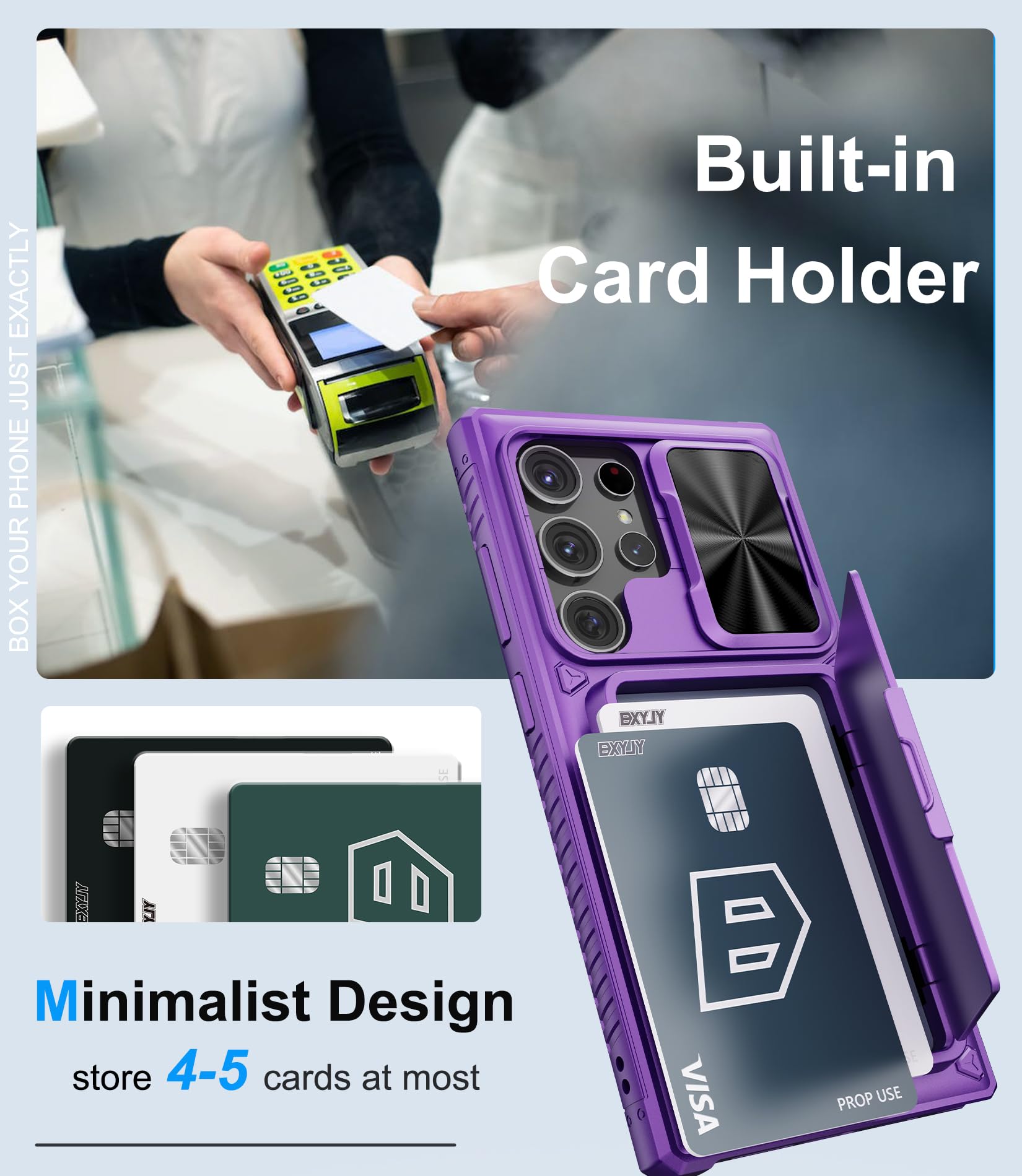 Bxyjy For Samsung Galaxy S24 Ultra Case With Card Holder (4 5 Cards) & Kickstand & Slide Lens Cover, Military Grade Protection,