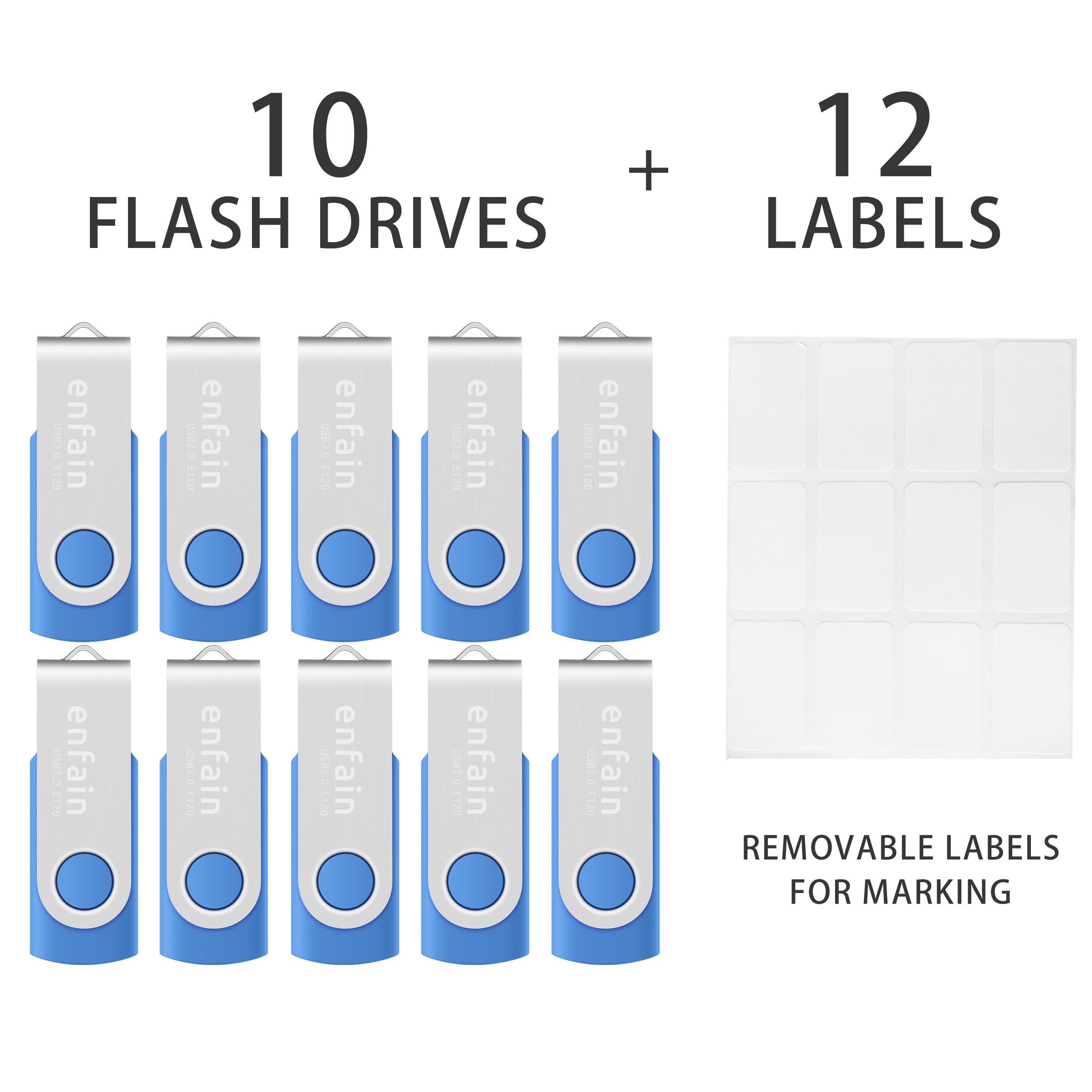 Enfain 16Gb Usb 2.0 Flash Drives Blue Memory Stick Swivel Thumb Drives 16 Gb Jump Drives With Led Indicators 10 Pack, With 12 X