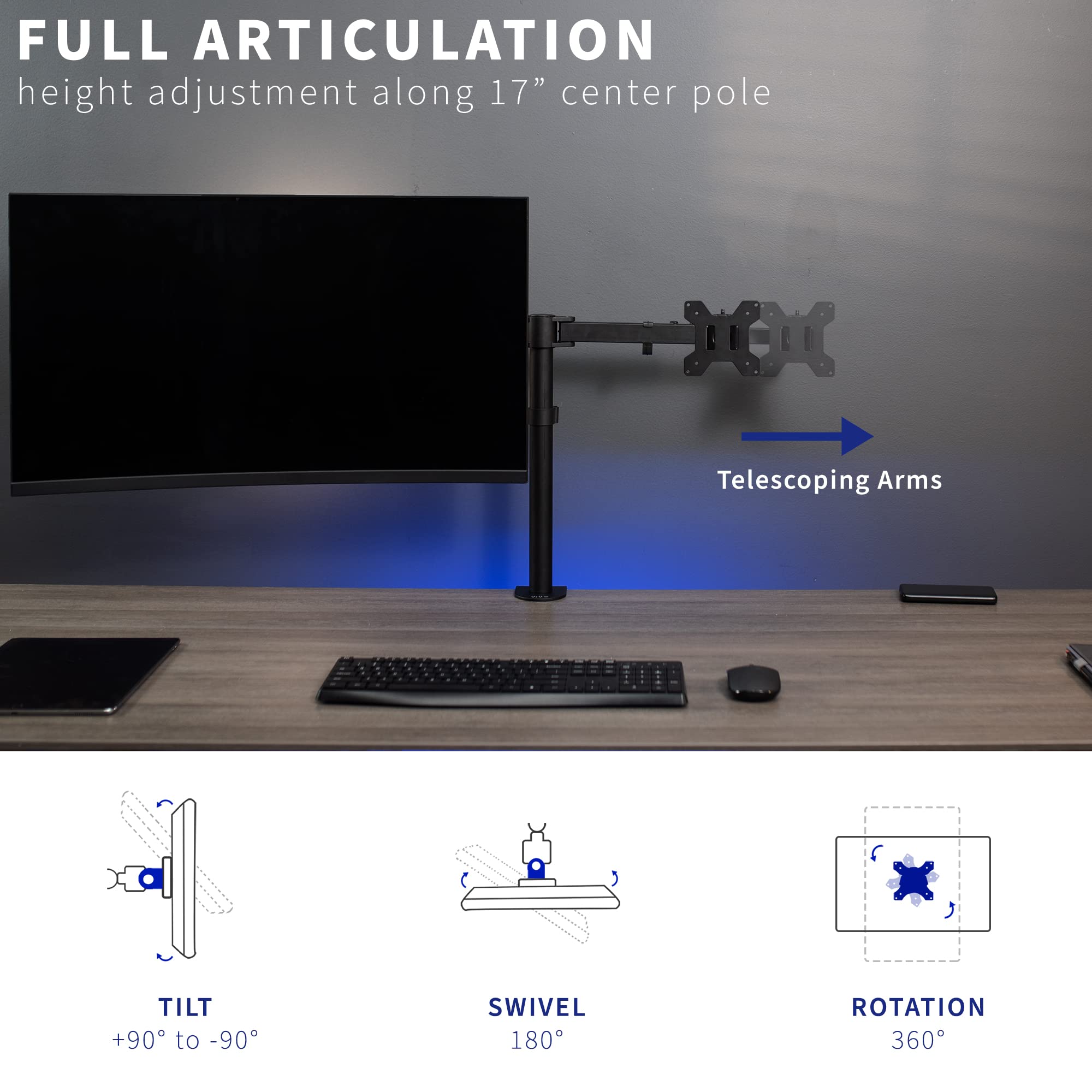 VIVO Dual LCD LED 21 to 32 inch Monitor Desk Mount, Heavy Duty, Adjustable Telescoping Arms, Flush Wall Setup, Fits 2 Screens, Black, STAND V002E