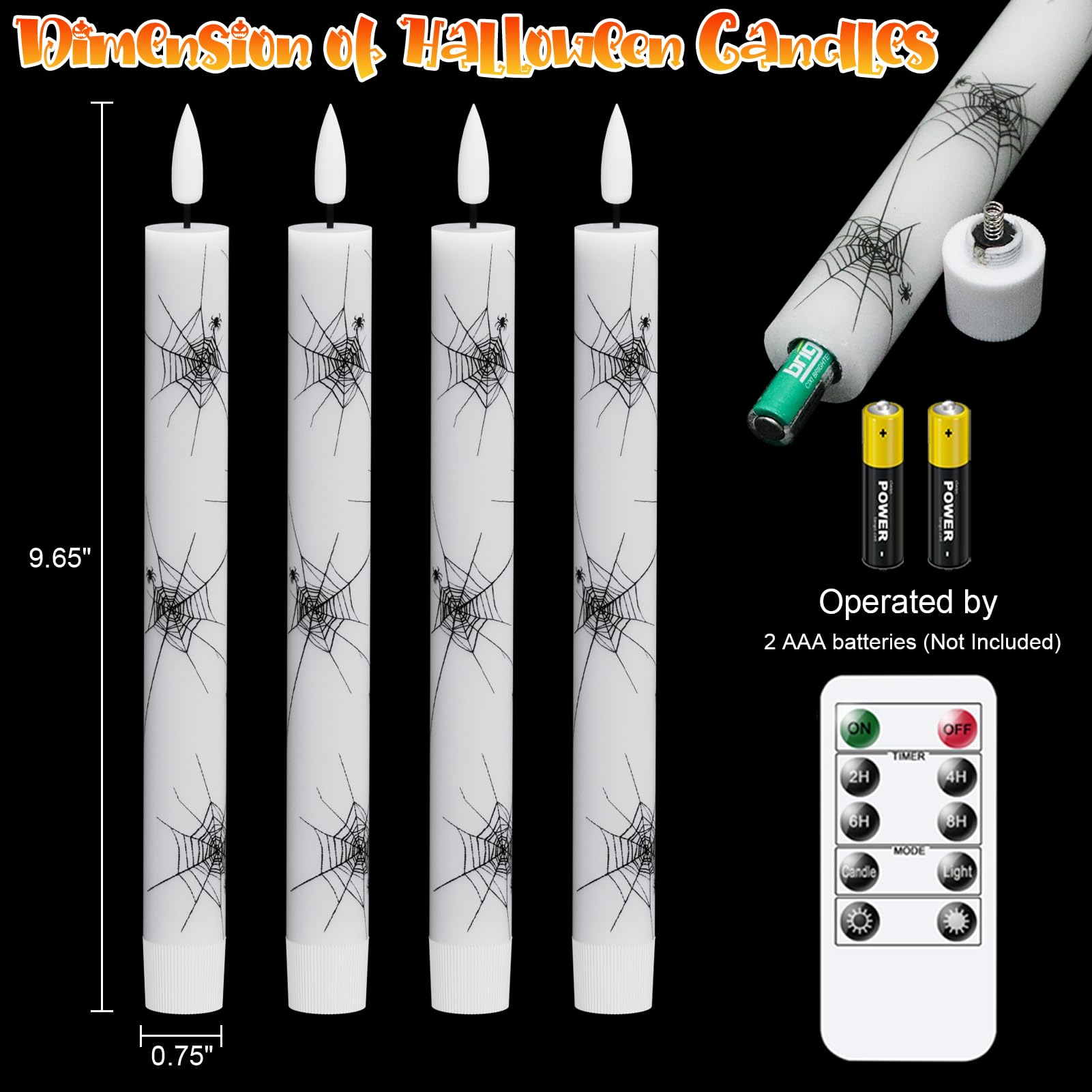 Wondise Halloween Flameless Taper Candles With Remote & Timer, 4 Pack Spider Web Halloween Candles Battery Operated Real Wax Led