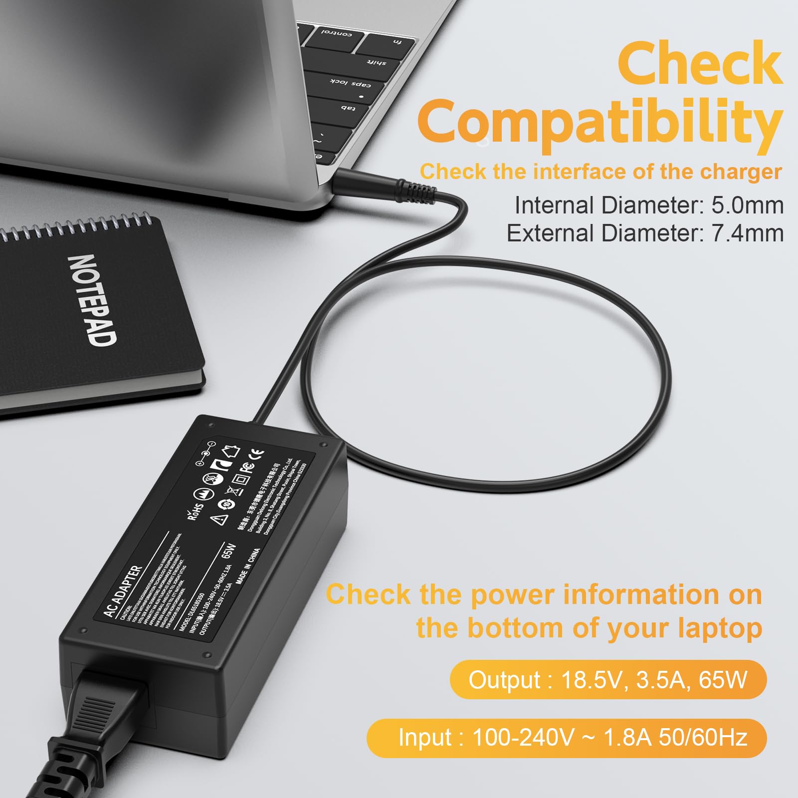 65W Laptop Charger For Hp Pavilion G4 G6 G7 G60 G61 G62 G71 G72; Pavilion Dv7 Dv6 Dv5 Dv4 Dv3 Dv3T Dv4T Dv6T Dv7T Dv3500 Ac Adapter; Dm1, Dm1Z Dm4 Dm4T Laptop Power Supply Cord (18.5V, 3.5A)