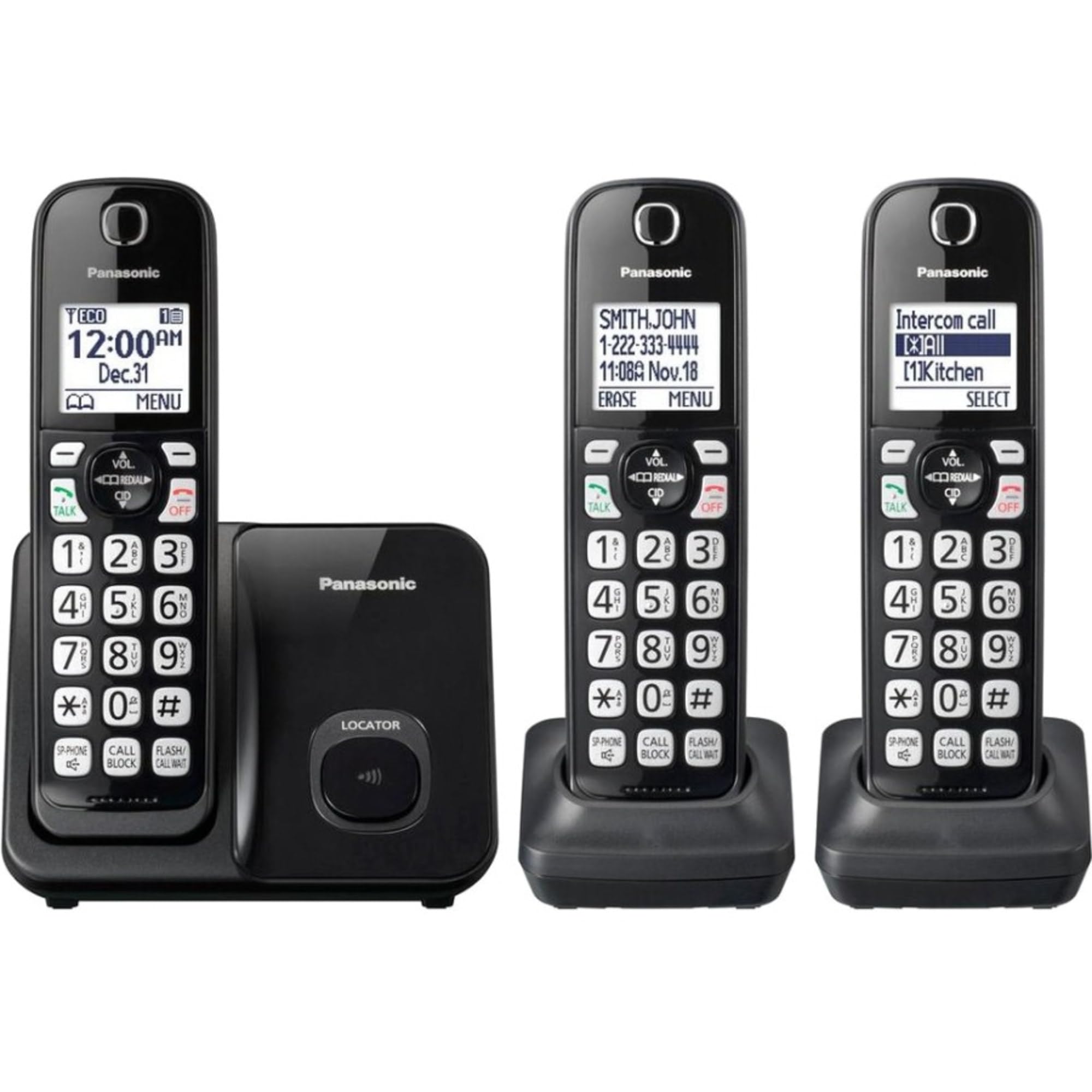 Panasonic Expandable Cordless Phone System With Call Block And High Contrast Displays And Keypads   3 Cordless Handsets   Kx Tgd