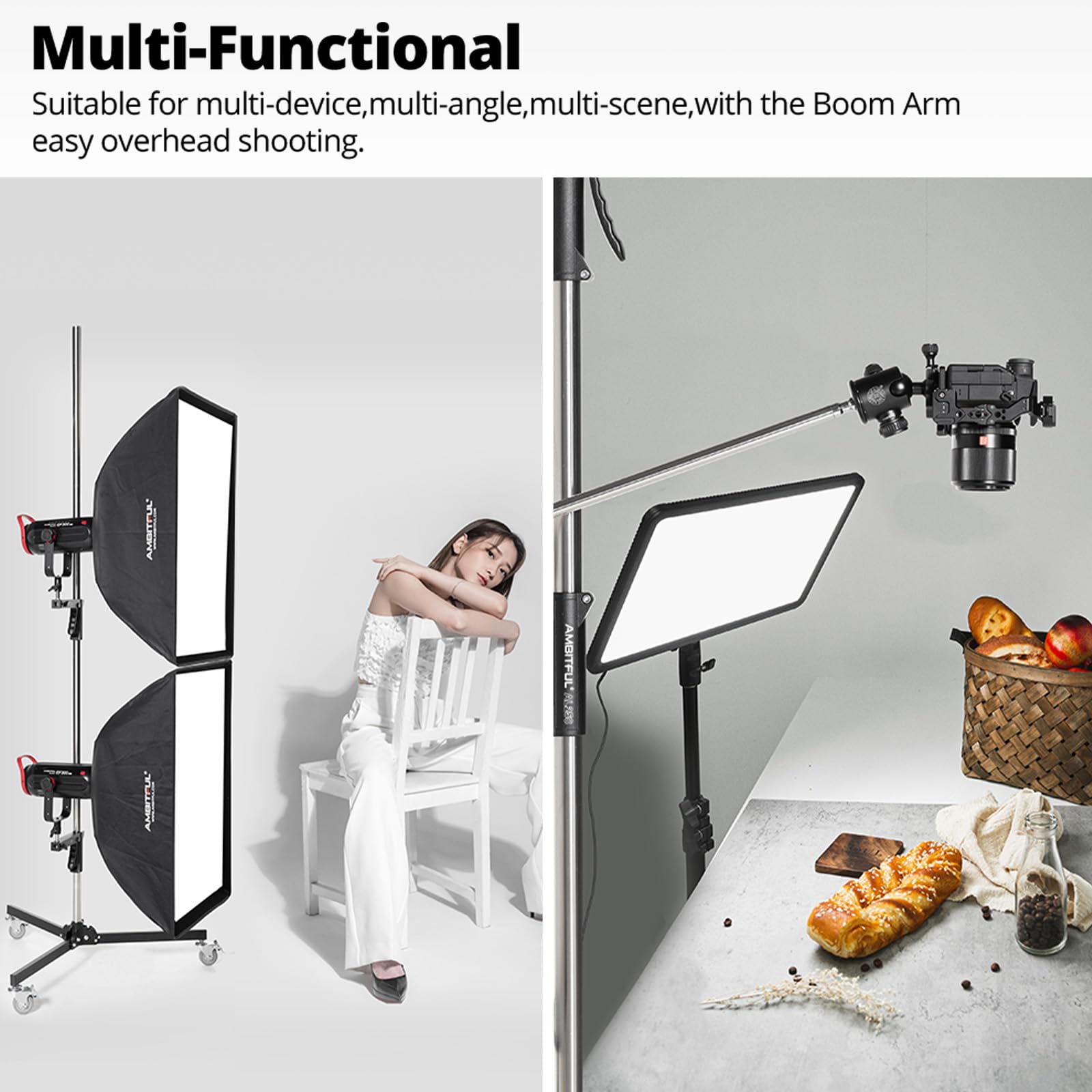 Ambitful Al250 Steel Wheeled Mobile Heavy Duty Light Stand For Photography W/Sliding Grip Arm & Chrome-Plated Column Stand, Maxs