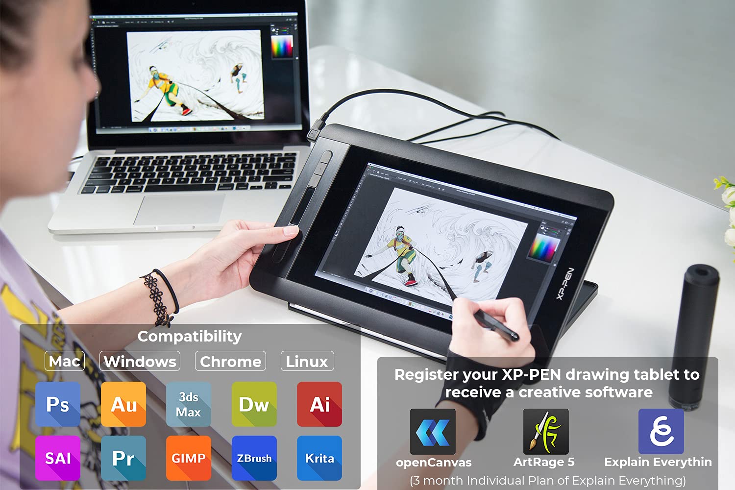 Xp-Pen Artist12 11.6 Inch Fhd Drawing Monitor Pen Display Graphic Monitor With Pn06 Battery-Free Multi-Function Pen Holder And G