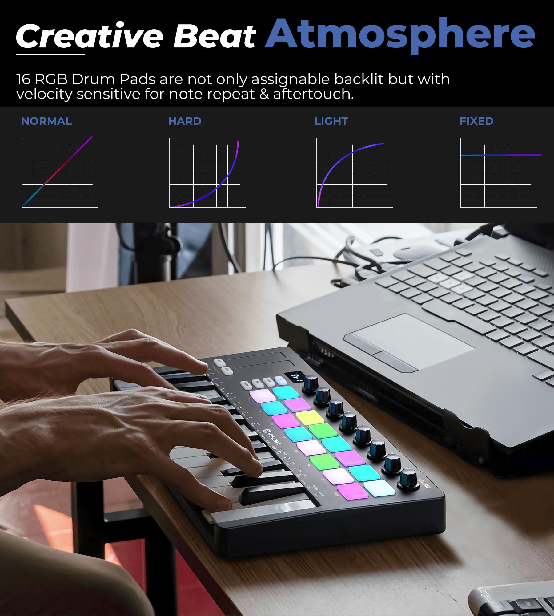 Vangoa Beat Maker For Music Production, 25 Keys Midi Pad Beating Makers Machine, Wireless Mini Controller Keyboard Computer Reco