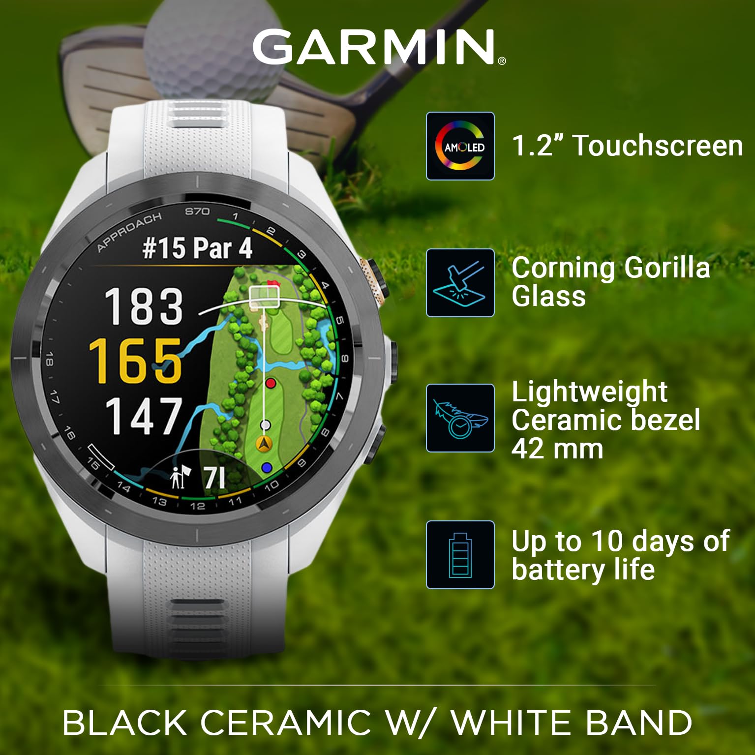 Wearable4U - Garmin Approach S70 - Ceramic 42 Mm Golf: 1.2'' Amoled Display Up To 10 Days Battery Life, Multisport High-Performa