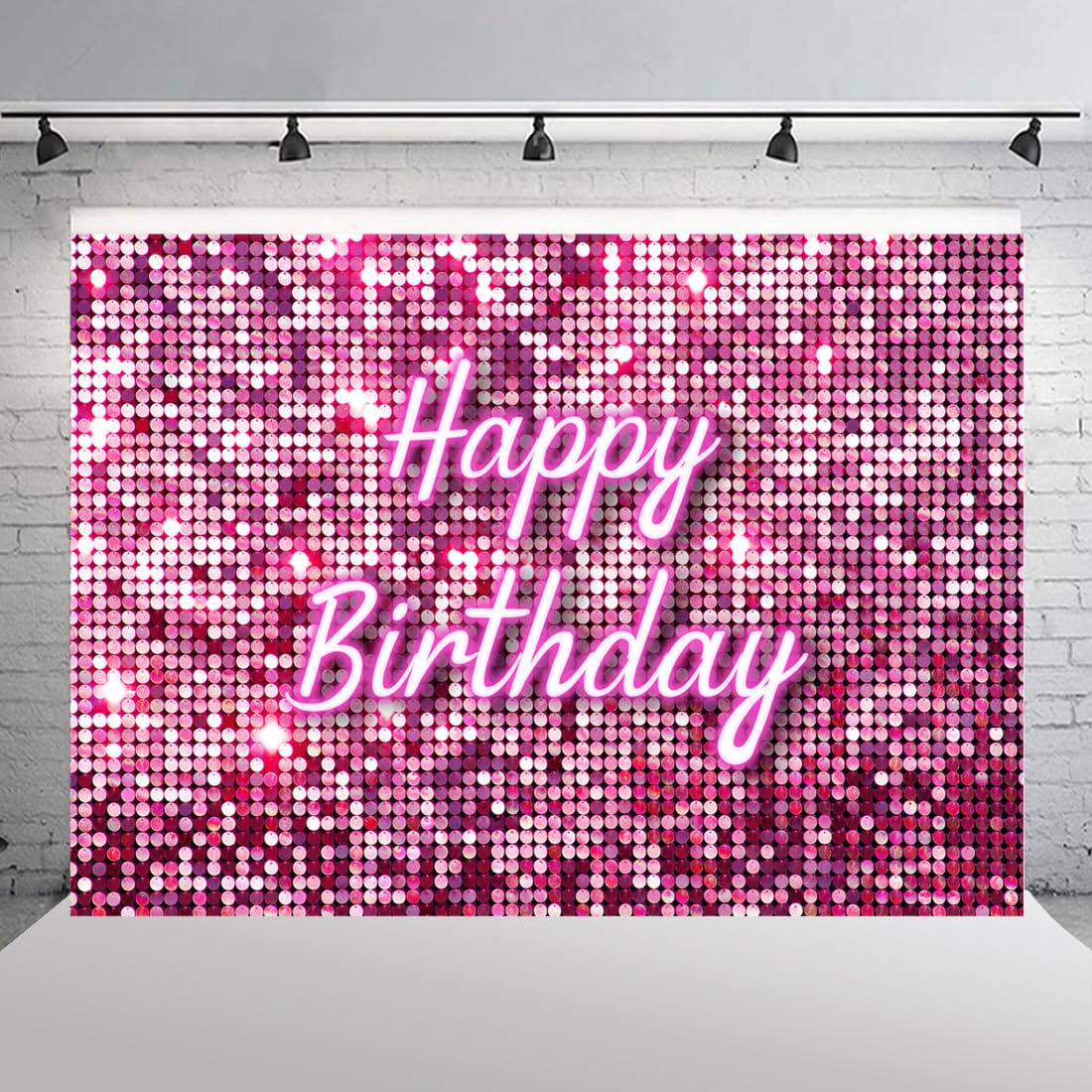 Wollmix Hot Pink Happy Birthday Backdrop Party Decorations Girl Shimmer Wall Flash Square Sweet 16 18Th 21St 30Th Bday Photograp