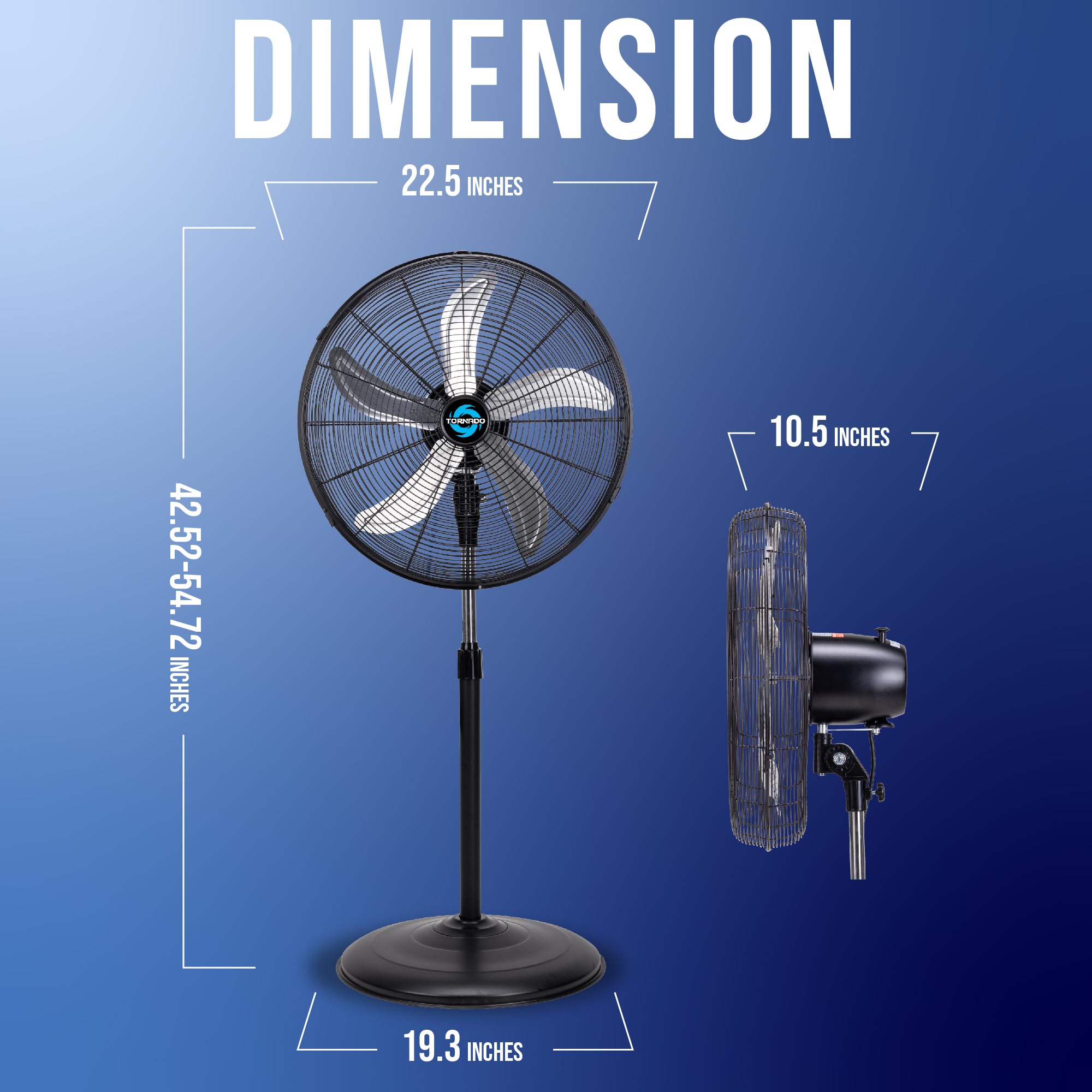 Tornado 20 Inch High Velocity Metal Oscillating Pedestal Fan Commercial, Industrial Use 3 Speed 5000 Cfm 1/6 Hp 6.6 Ft Cord Ul S